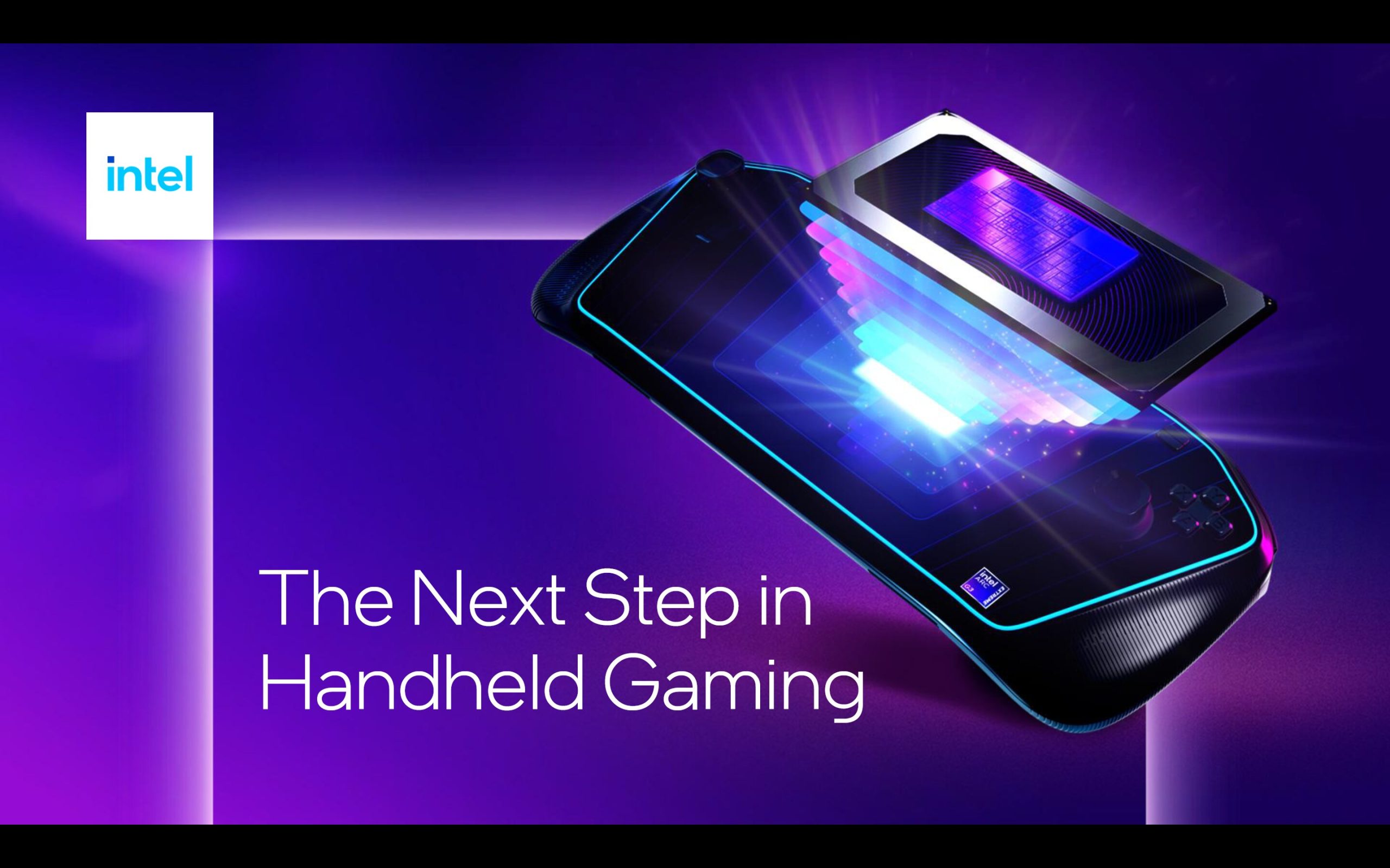 A promotional image featuring an Intel logo and a handheld gaming device with the text 'The Next Step in Handheld Gaming'.
