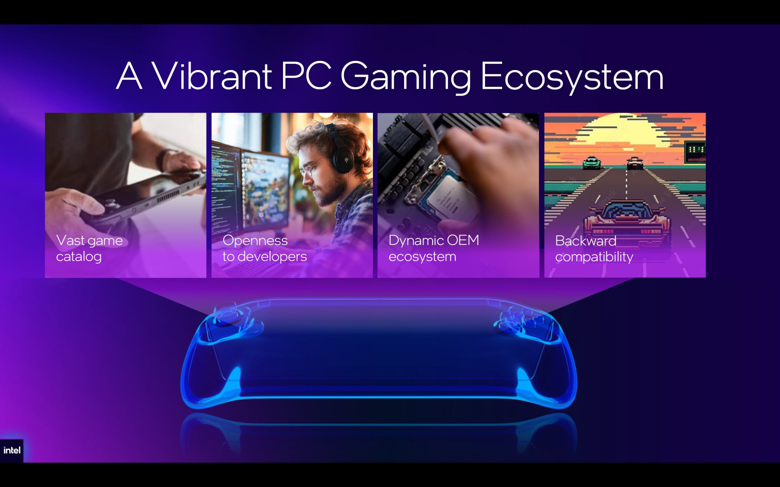 A presentation slide titled 'A Vibrant PC Gaming Ecosystem' features images illustrating 'Vast game catalog,' 'Openness to developers,' 'Dynamic OEM ecosystem,' and 'Backward compatibility,' with an Intel logo in the corner.