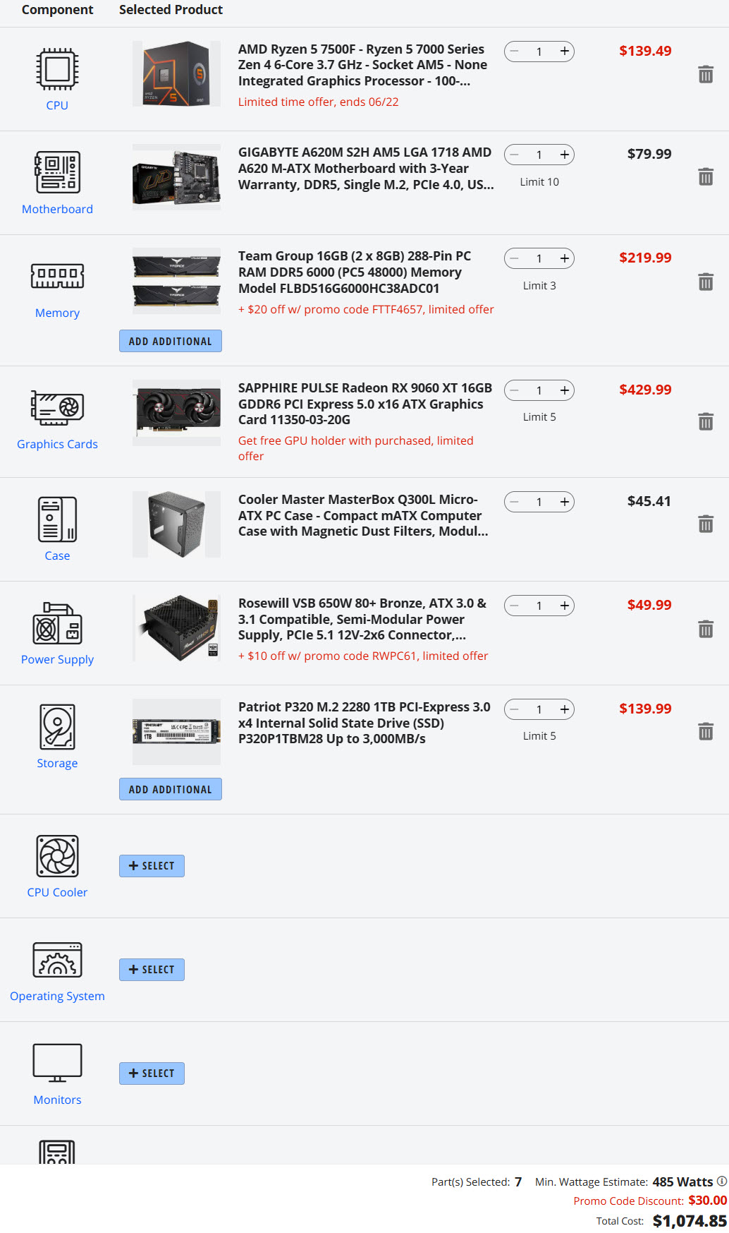 A PC component list features the AMD Ryzen 5 7500F CPU, GIGABYTE A620M S2H motherboard, Team Group 16GB DDR5 memory, SAPPHIRE PULSE Radeon RX 9600 XT graphics card, Cooler Master Q300L case, Rosewill VSB 650W power supply, and Patriot P320 M.2 1TB SSD, totaling $1,074.85.