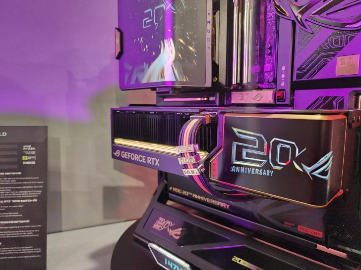 An ASUS ROG GeForce RTX graphics card is displayed with a '20th Anniversary' theme, featuring prominent branding and design elements associated with the ROG series.