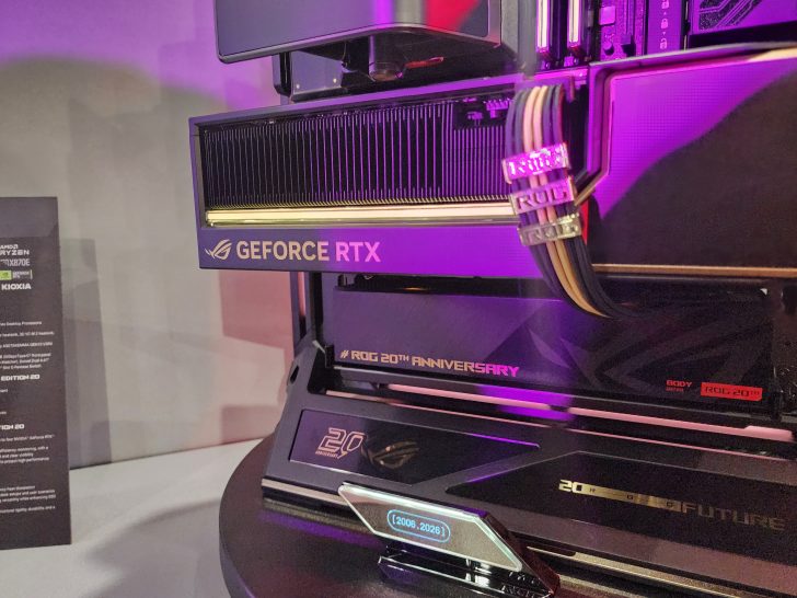 An ASUS ROG GeForce RTX graphics card is displayed with 'ROG 20th Anniversary' branding and connected via braided cables with 'ROG' labels.