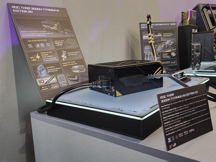 The ASUS ROG Thor 3000W Titanium II Edition 20 power supply is displayed alongside an information panel highlighting features such as '80 PLUS Titanium' certification and 'ATX 3.0' compatibility.