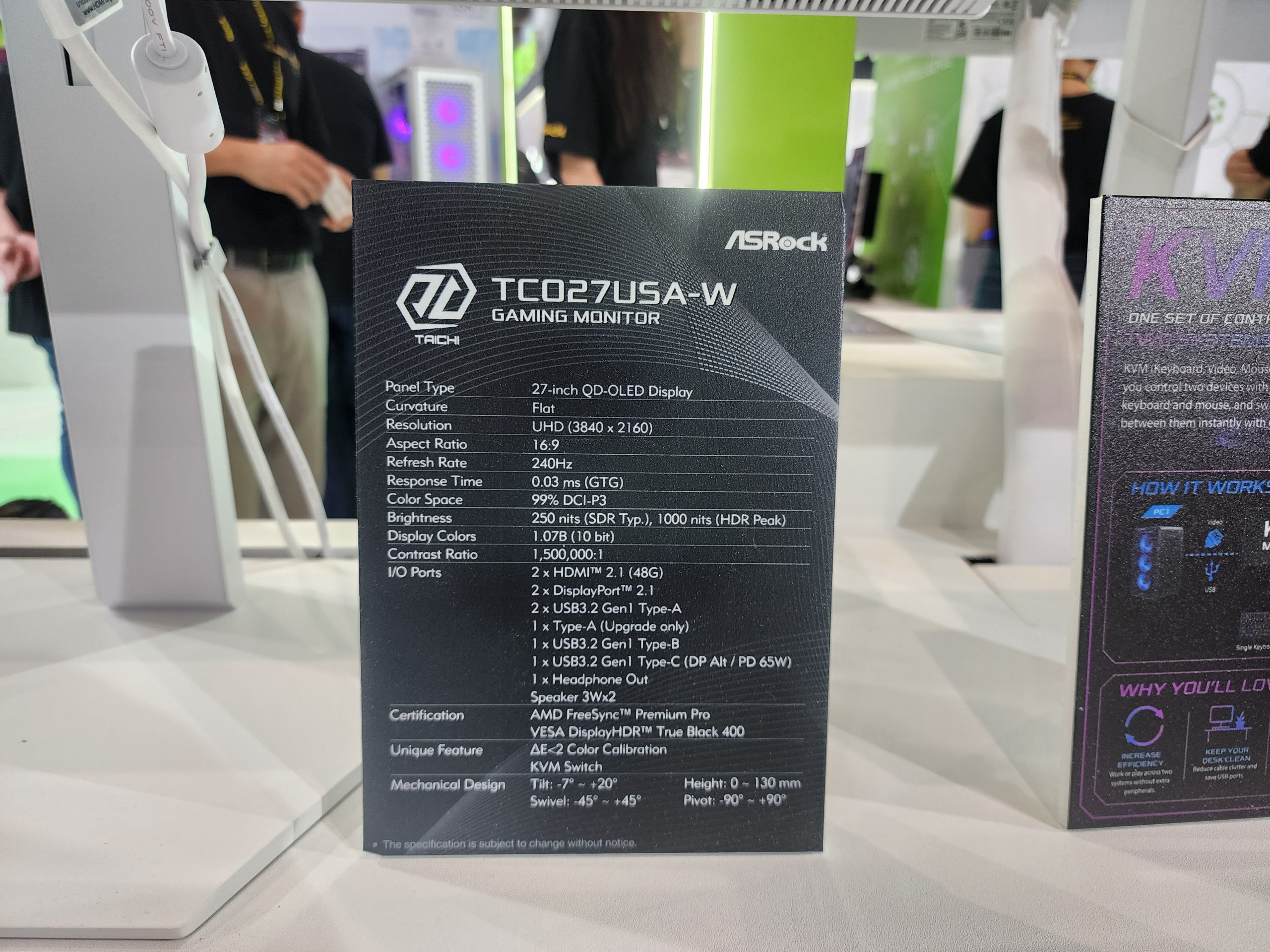 An ASRock TCO27USA-W gaming monitor specification sheet highlights features such as a 27-inch QD-OLED display, UHD resolution (3840 x 2160), 240Hz refresh rate, and 99% DCI-P3 color space.