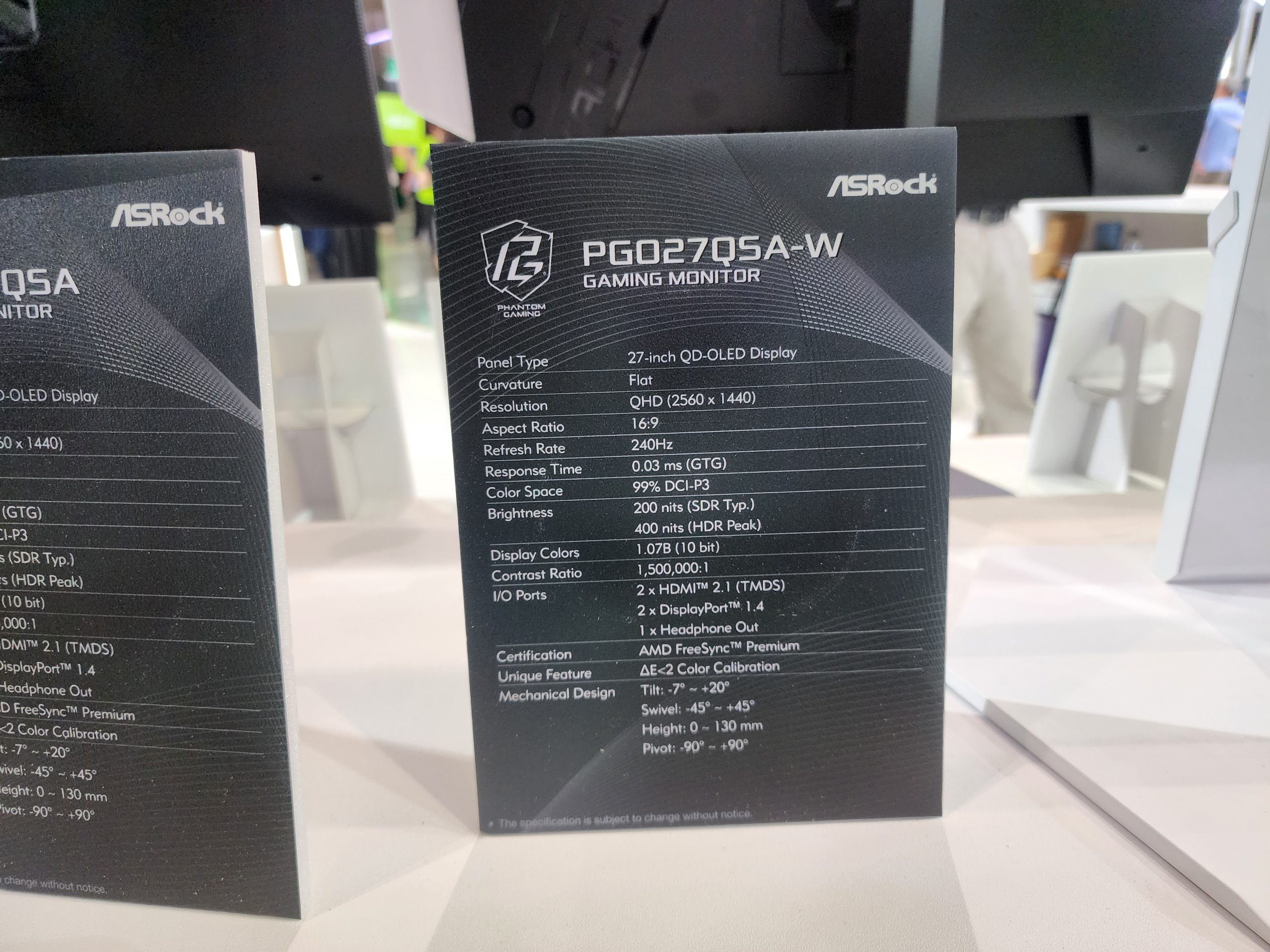 ASRock PG27Q5A-W gaming monitor specifications include a 27-inch QD-OLED display, 2560 x 1440 resolution, 240Hz refresh rate, and AMD FreeSync Premium.