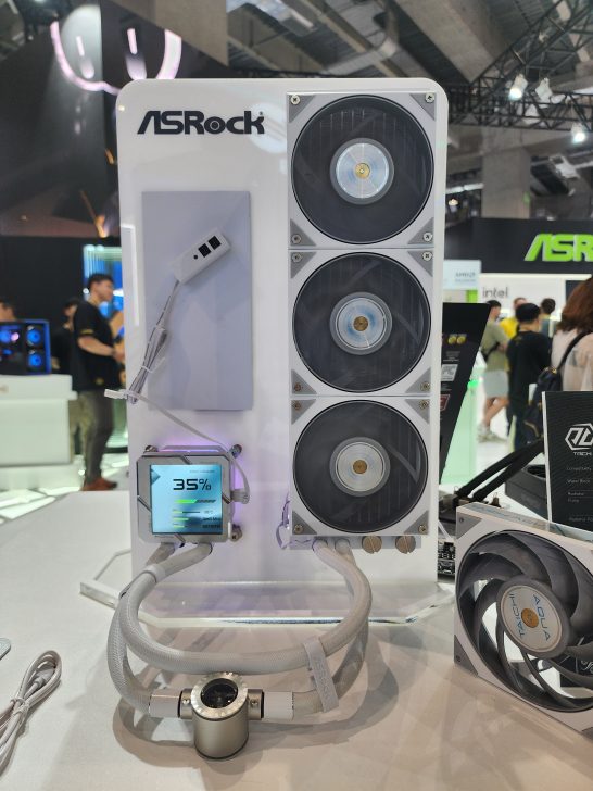 An ASRock cooling display features three fans with a connected screen showing 'CPU Usage 35%'.