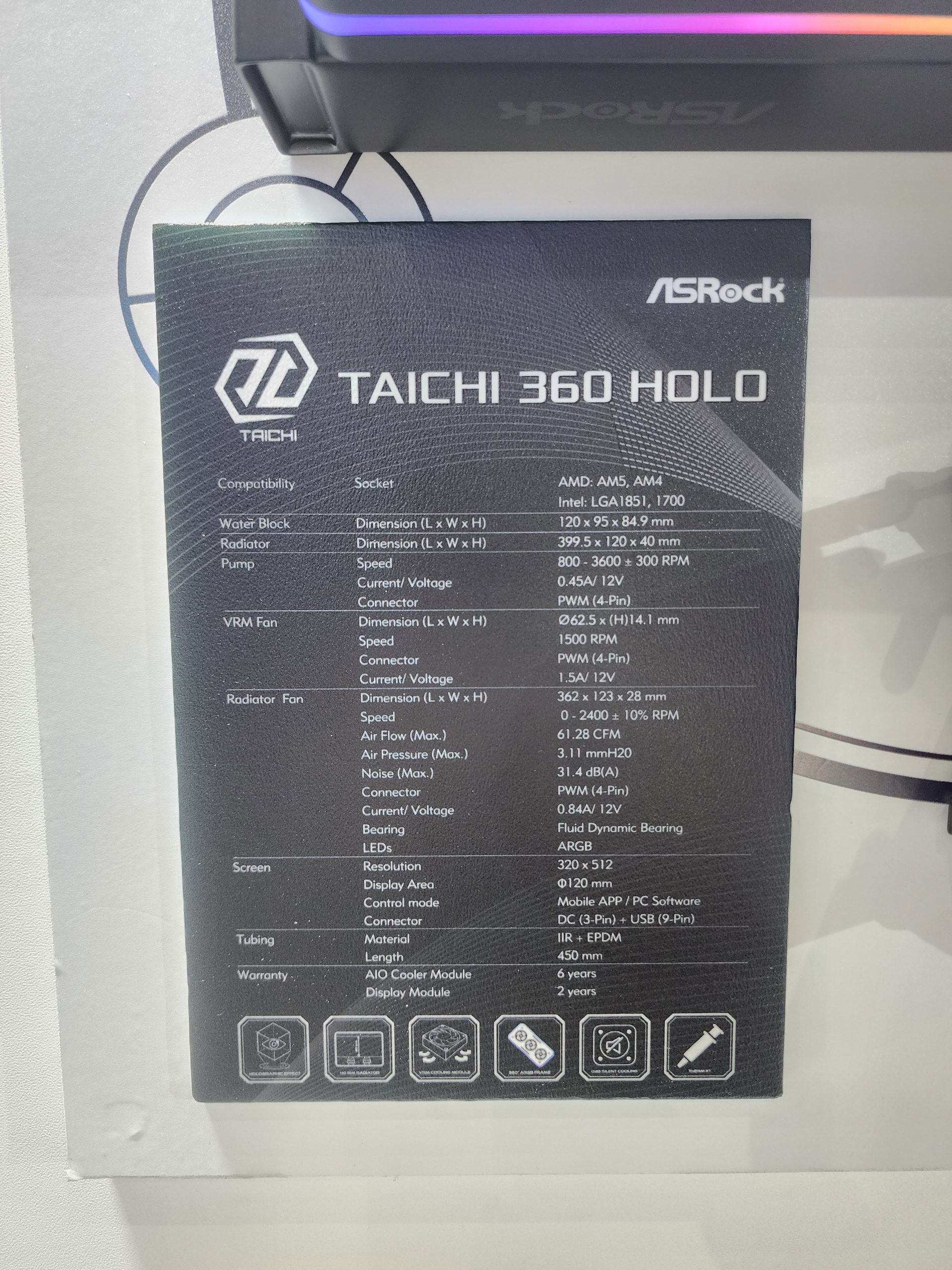 An ASRock Taichi 360 Holo specification sheet highlights compatibility with AMD and Intel sockets, pump speed of 800-3600 RPM, and a 450mm tubing length.