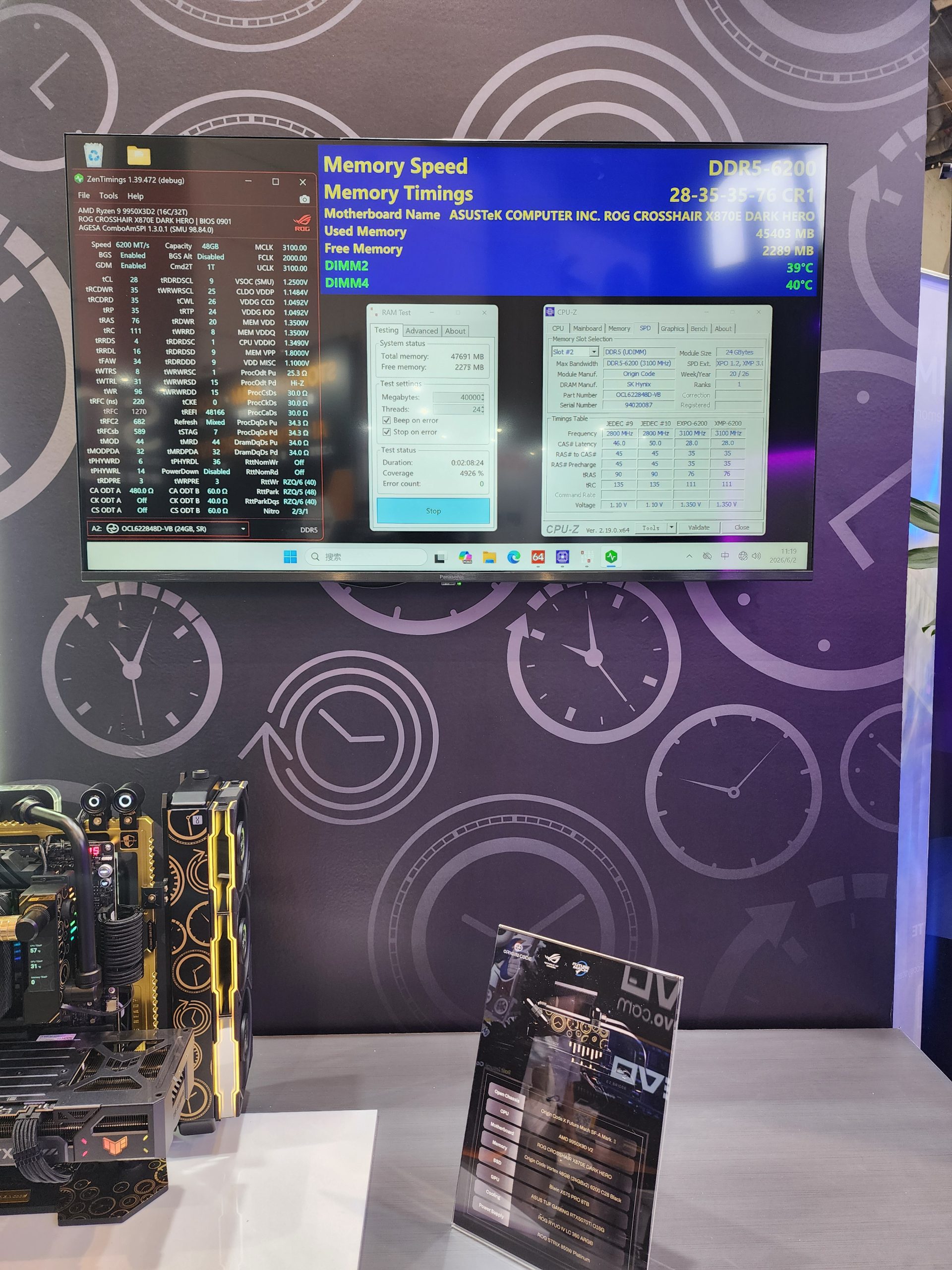 A screen displays memory information featuring 'DDR5-6200' speed and an ASUSTeK COMPUTER INC. ROG CROSSHAIR X670E DARK HERO motherboard.