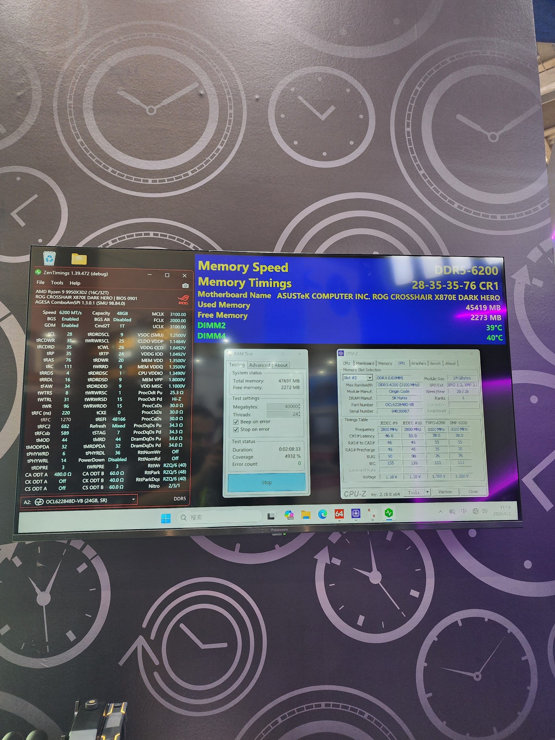 A computer screen displaying memory speed results for a ROG Crosshair X670E Dark Hero motherboard with DDR5-6200 and memory timings of '28-35-35-76 CR1'.