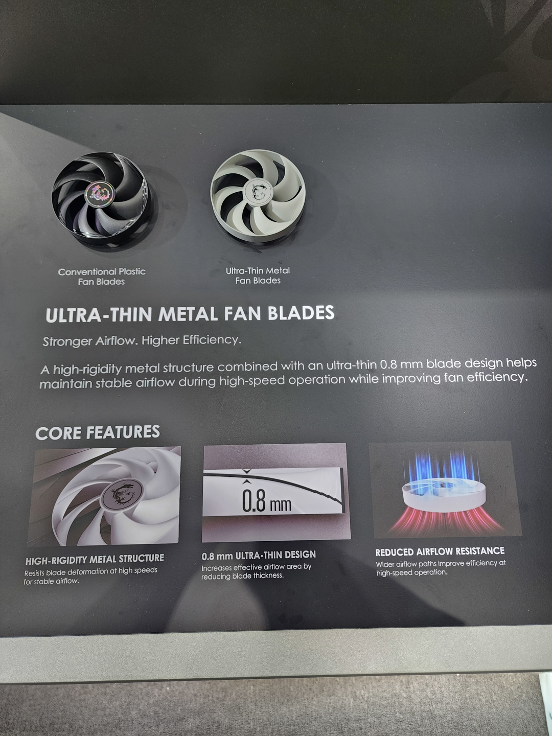 A comparison of Conventional Plastic Fan Blades and Ultra-Thin Metal Fan Blades with core features detailed beneath, highlighting a 0.8 mm ultra-thin design.