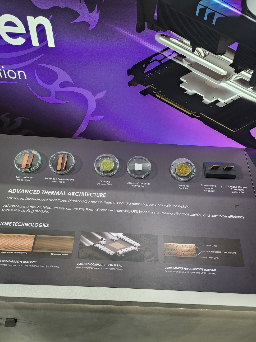 A display showcases components of an advanced thermal architecture with 'Advanced Spiral-Groove Heat Pipes,' 'Diamond-Composite Thermal Pad,' 'Diamond Particles,' and 'Diamond-Copper Composite Baseplate.'