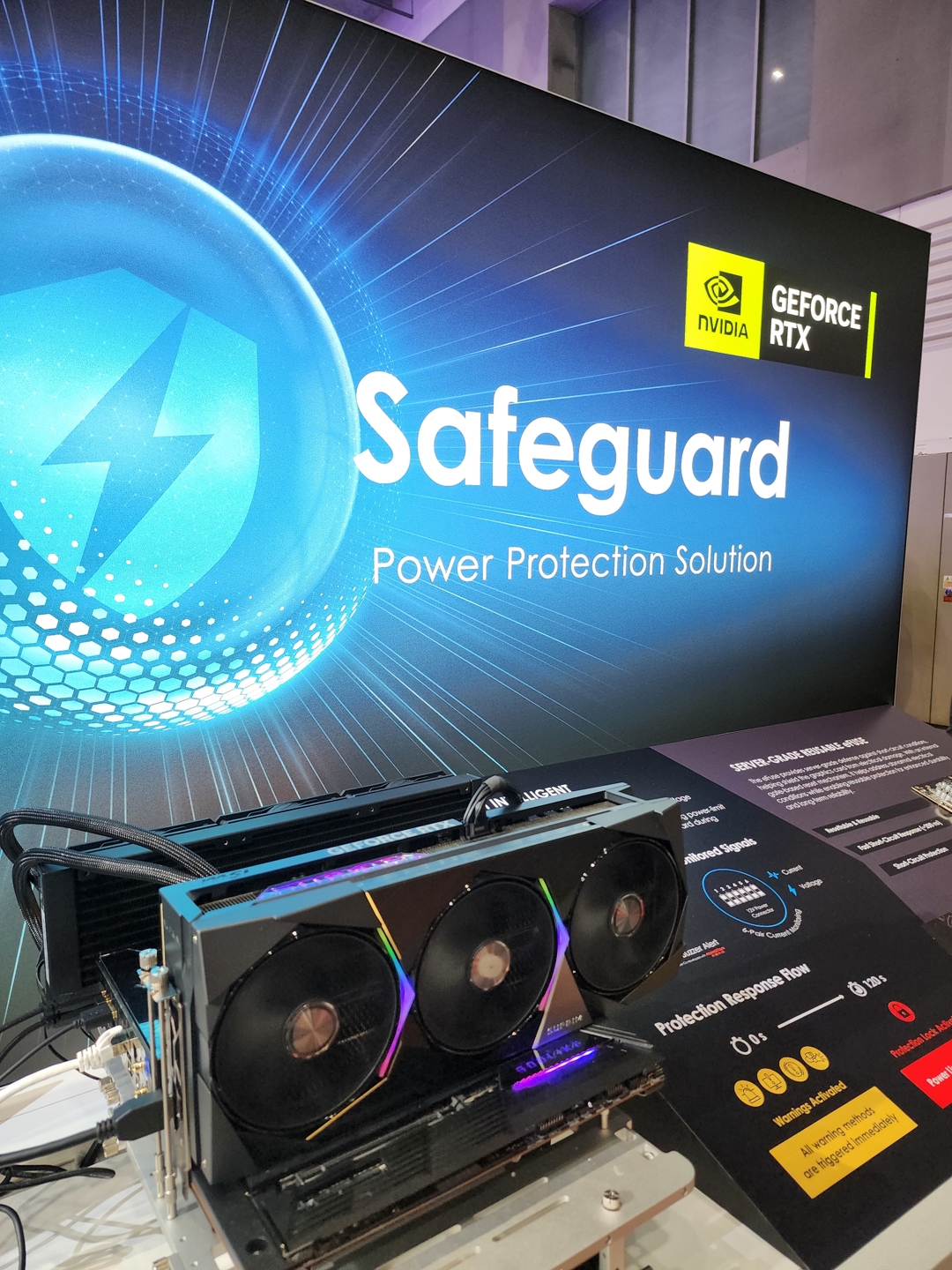 A graphics card setup is displayed in front of a screen with the text 'Safeguard Power Protection Solution' and the NVIDIA GeForce RTX logo.