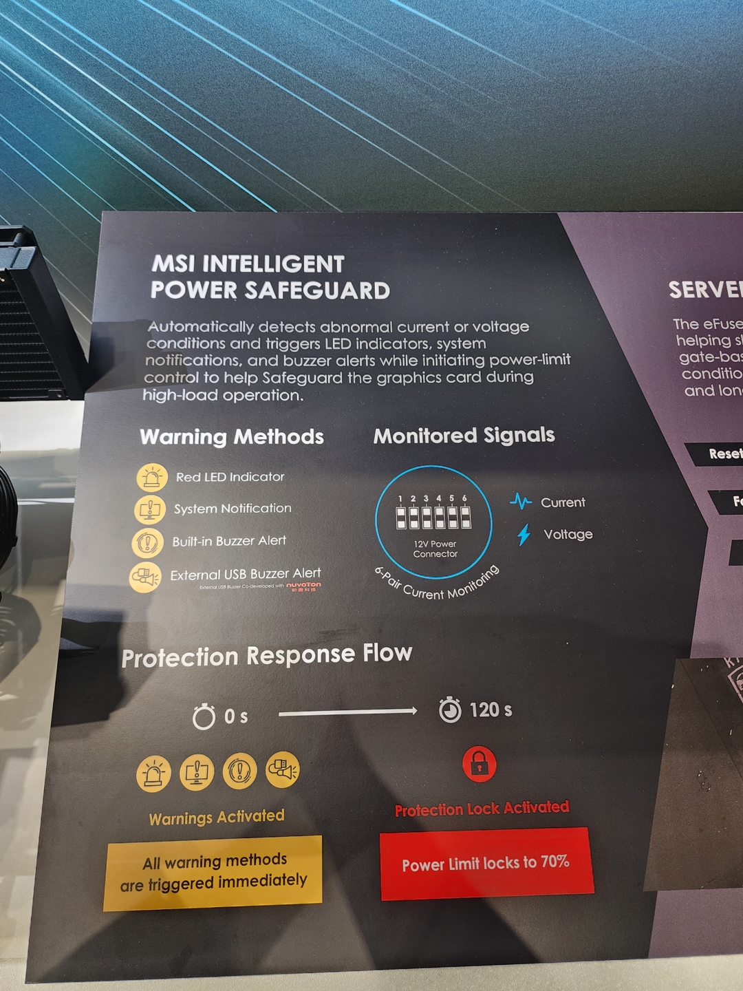 The MSI Intelligent Power Safeguard display explains warning methods and monitored signals, highlighting a 'Protection Lock Activated' message indicating a 'Power Limit locks to 70%'.