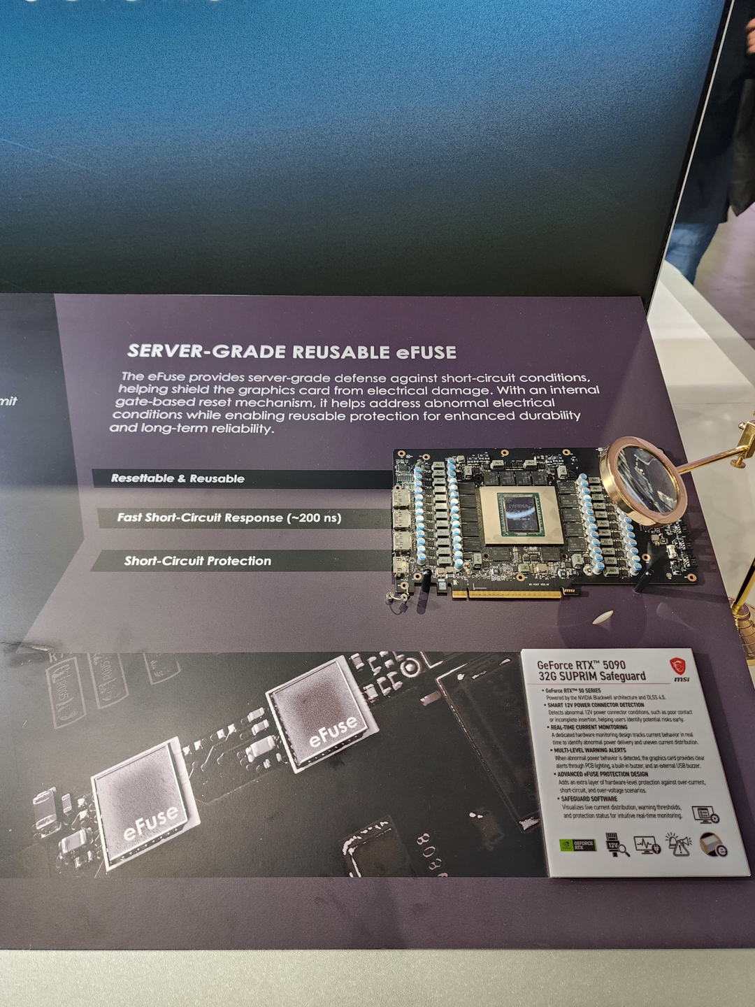 A display features an MSI graphics card with a description of its 'server-grade reusable eFuse' technology, alongside a label for the 'GeForce RTX™ 5090 32G SUPRIM Safeguard.'