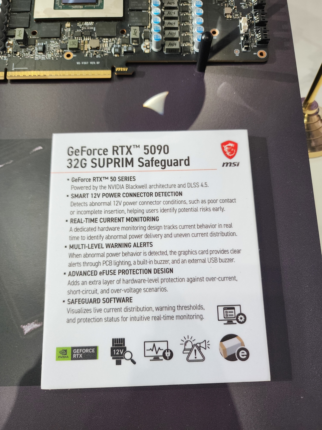 A display card for the MSI GeForce RTX 5090 showing features like '32G SUPRIM Safeguard,' 'SMART 12V POWER CONNECTOR DETECTION,' and descriptions of safety and monitoring functionalities under the GeForce RTX 50 series.