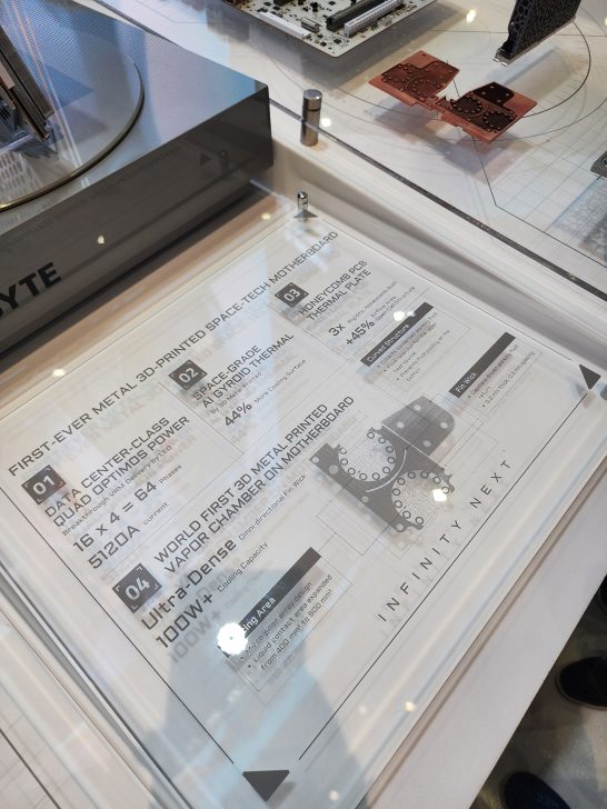A display showcasing a Gigabyte 'first-ever metal 3D-printed space-tech motherboard' with information on data center-class load-optimizing power, a space-grade vapor chamber thermal architecture, and 'Infinity Next' branding.