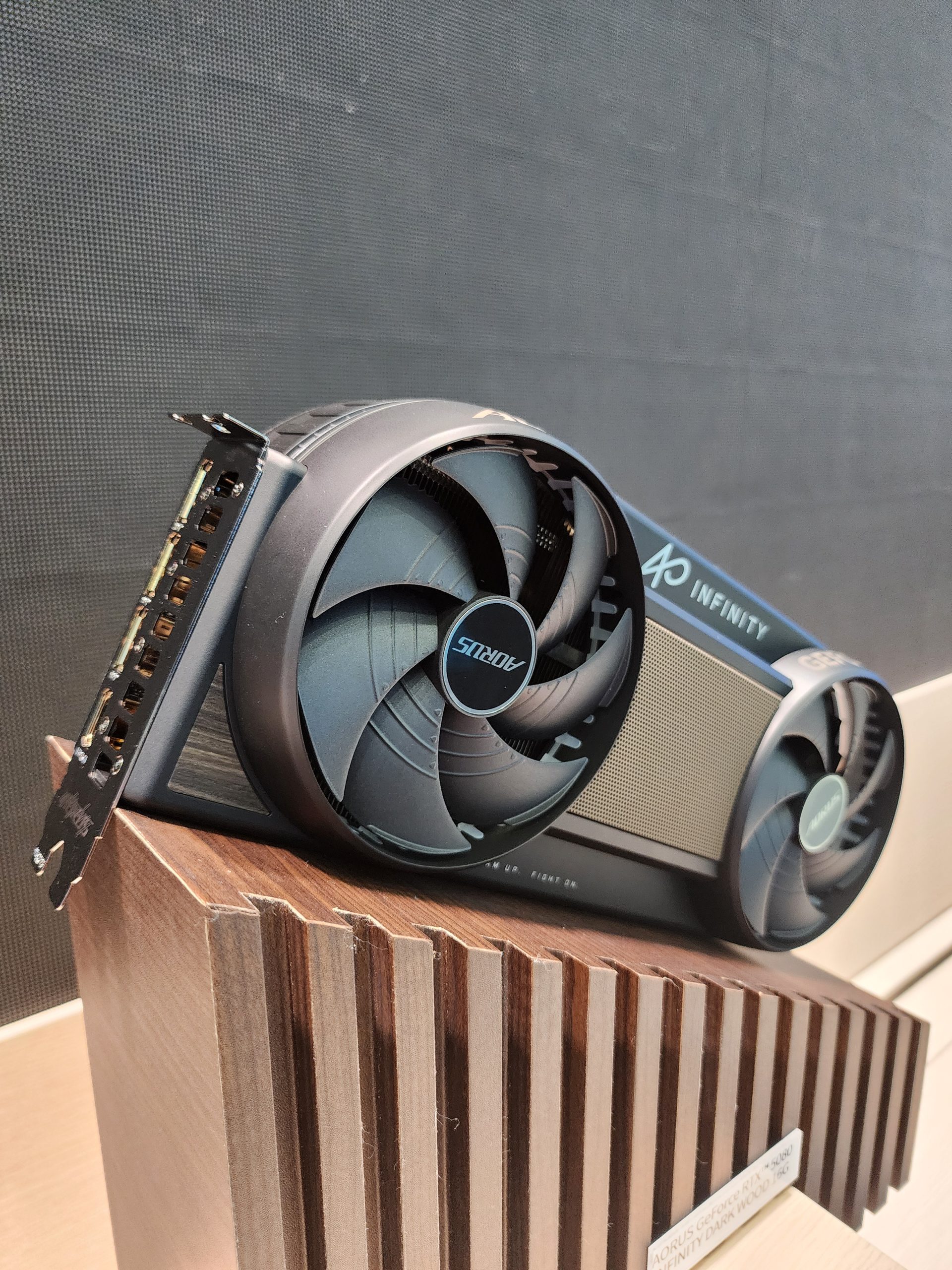 A Gigabyte AORUS GeForce RTX 4090 Master graphics card is displayed on a wooden stand with 'INFINITY' branding visible.