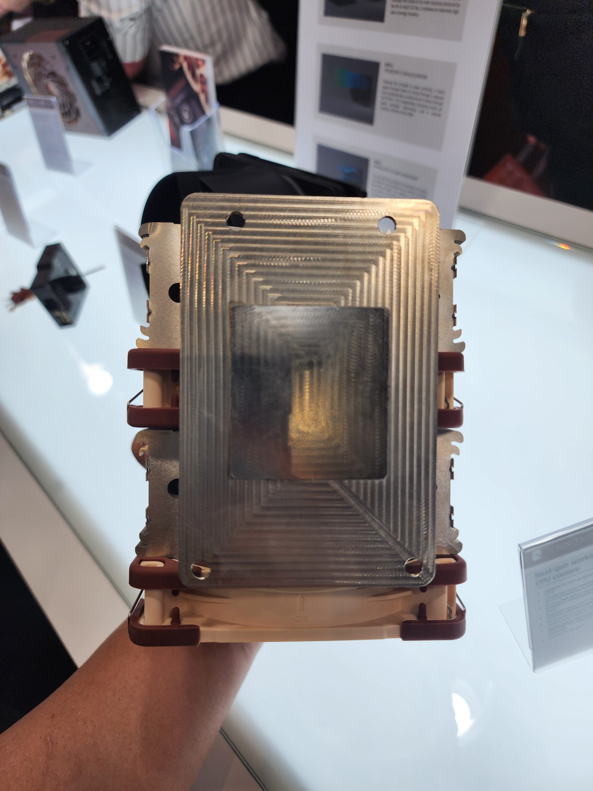 A Noctua CPU cooler displayed on a glass surface, showcasing its metallic heatsink design with brown fan mounts.