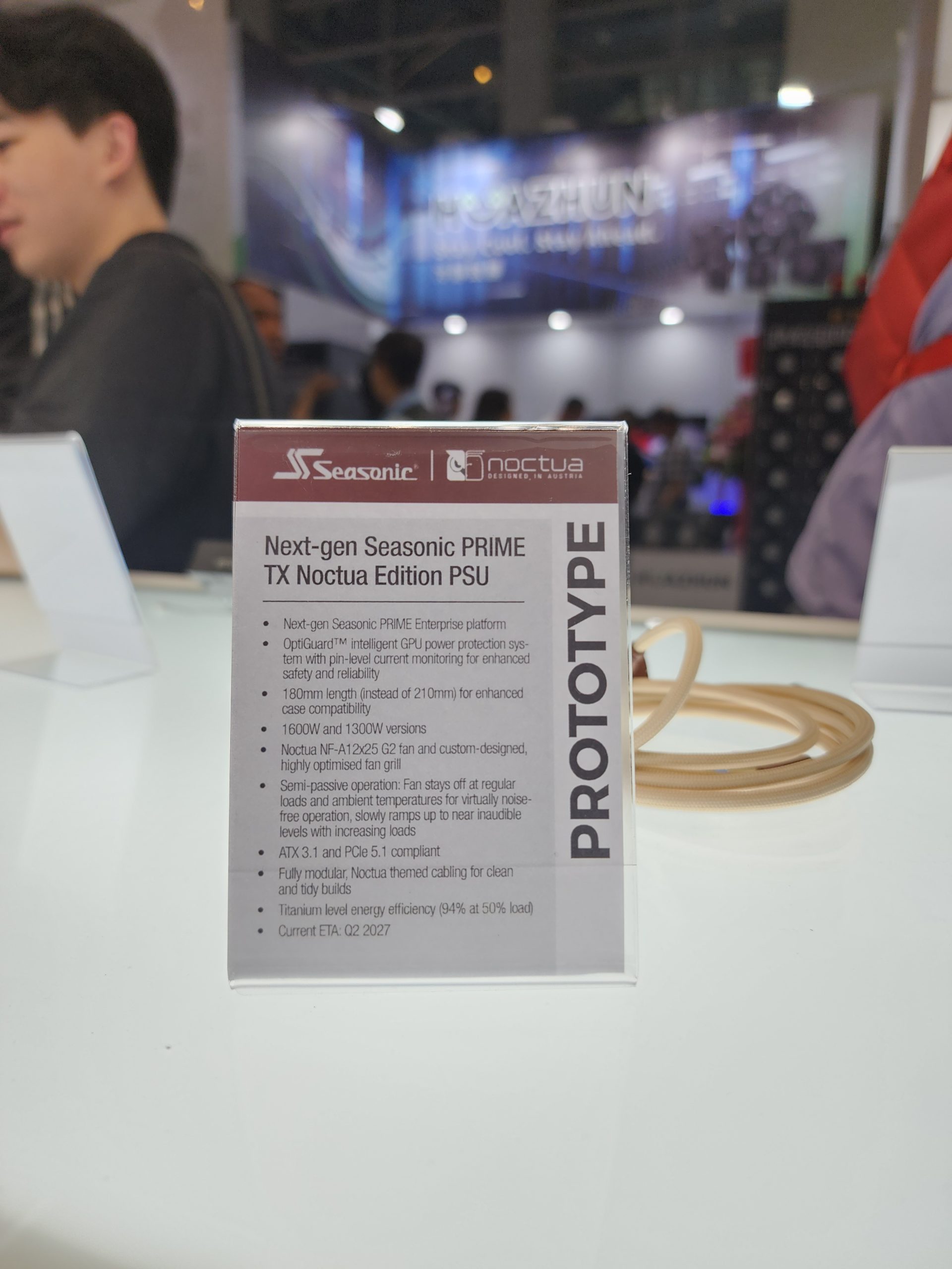 A display card showcases specifications of the 'Next-gen Seasonic PRIME TX Noctua Edition PSU,' including 1600W and 1300W versions, OptiGuard technology, semi-passive operation, and an ETA of Q2 2027.