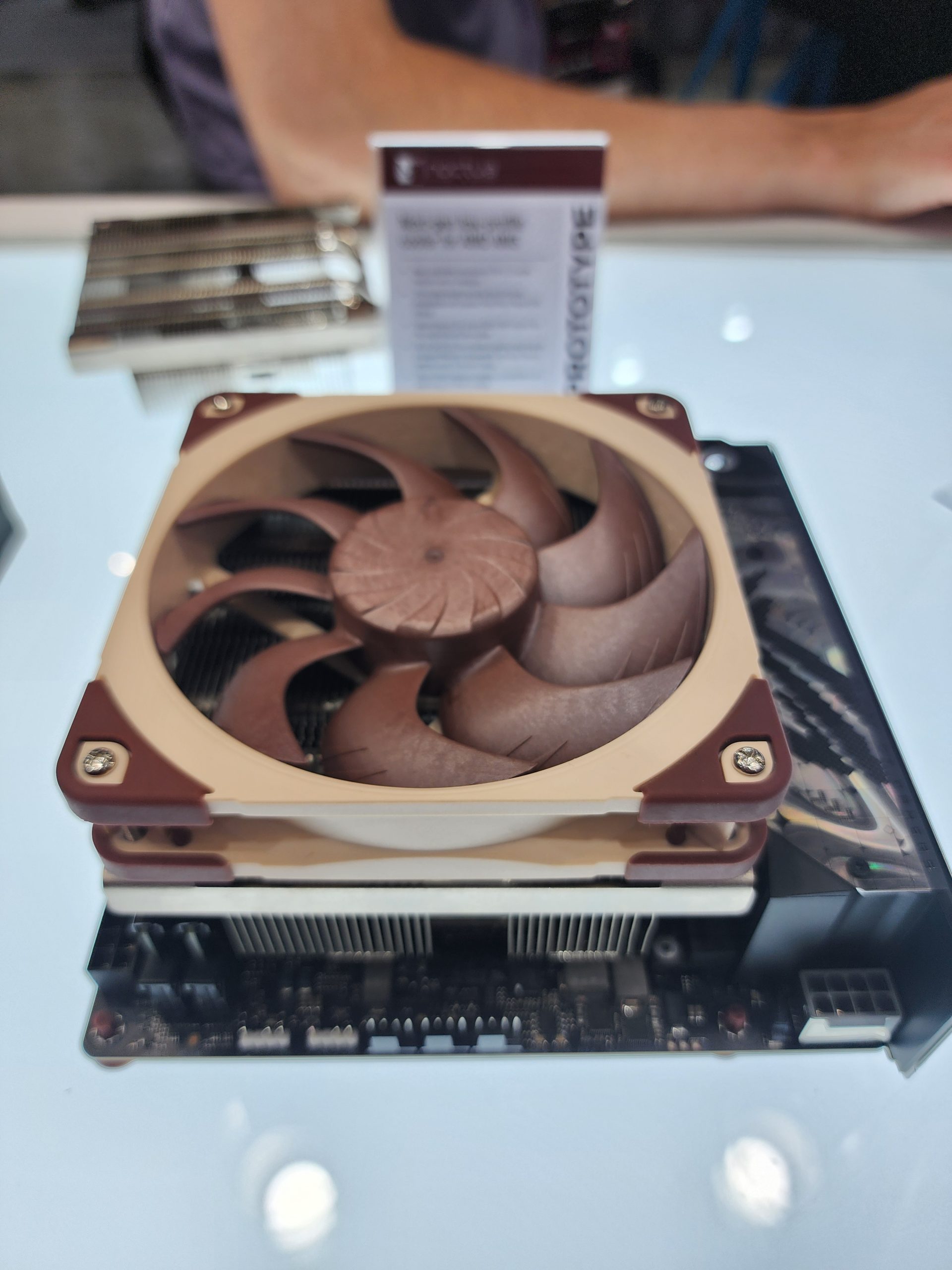 A Noctua prototype CPU cooler is displayed on a table, featuring a brown and beige fan with a heatsink beneath.