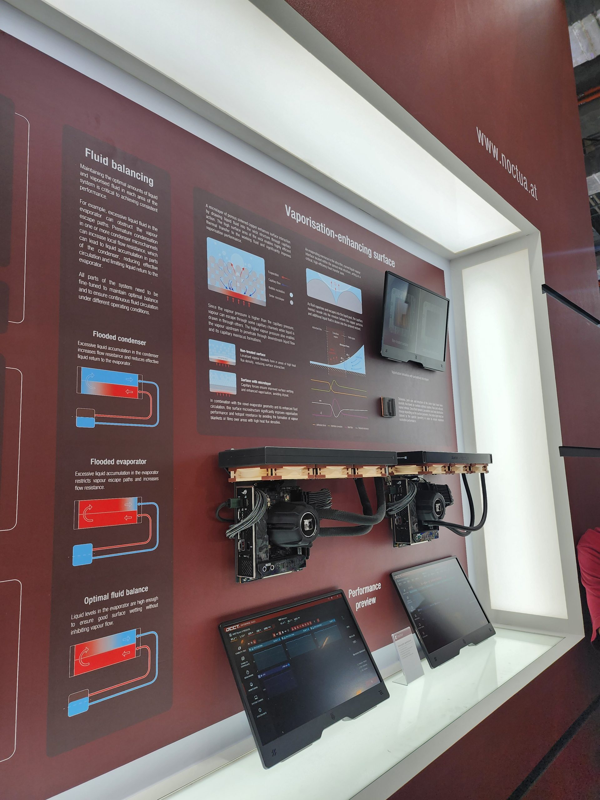 A Noctua display showcases fluid balancing and vaporisation-enhancing surface diagrams, with two cooling units and two screens showing 'Performance preview' using the OCCT software.