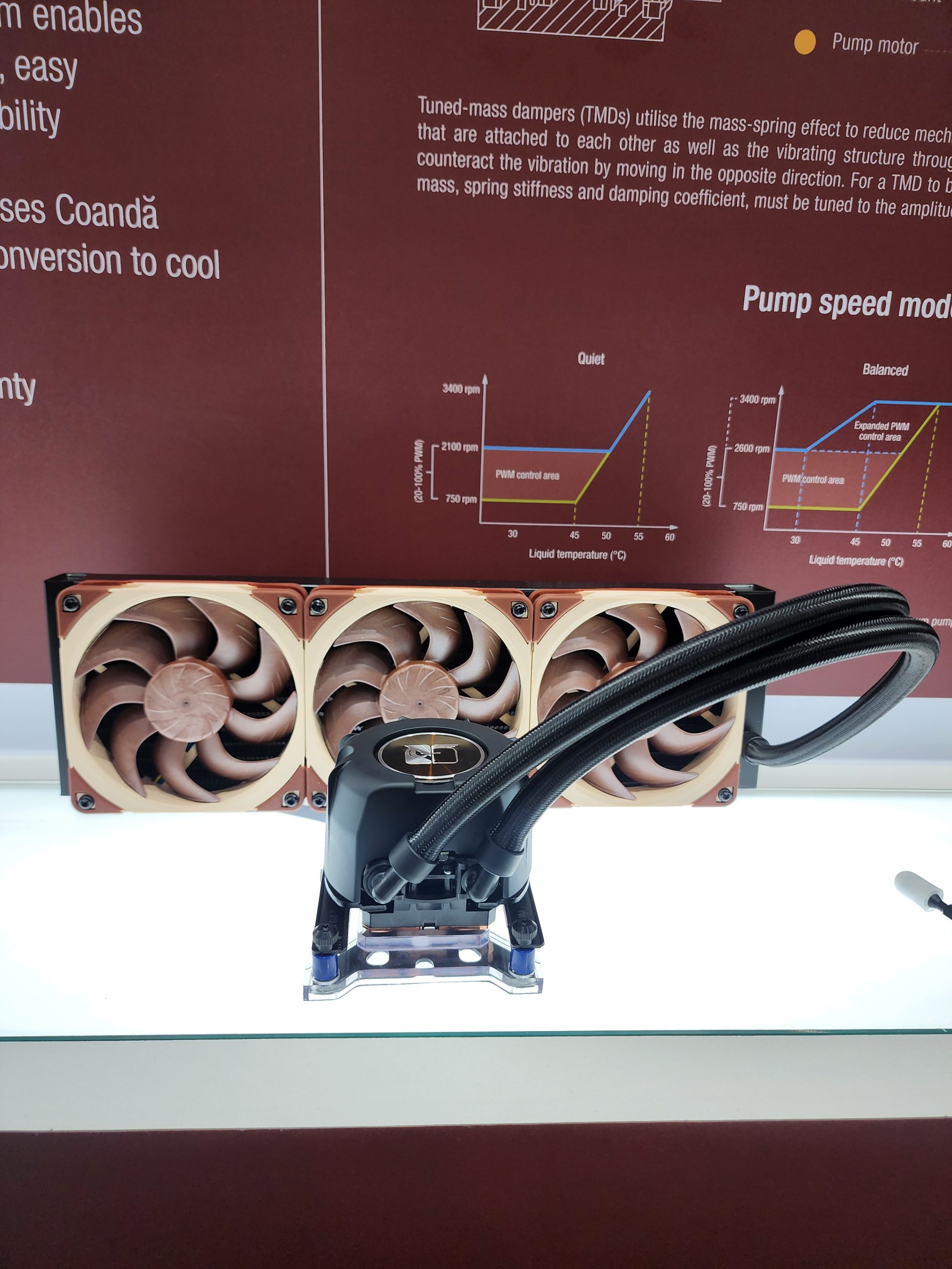 A Noctua liquid cooling system is displayed against a backdrop featuring pump speed mode charts and text on tuned-mass dampers.