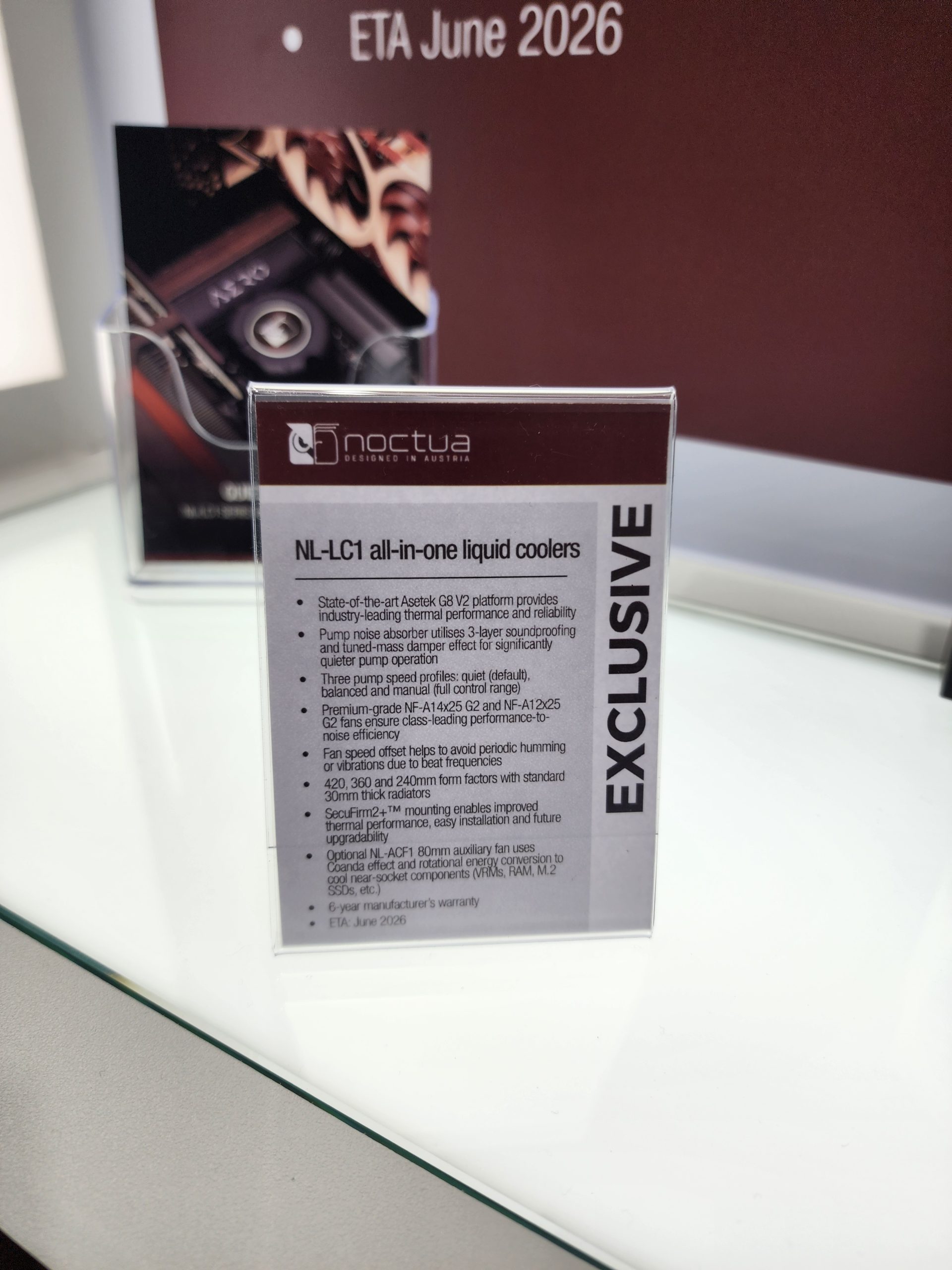 A display card features Noctua's 'NL-LC1 all-in-one liquid coolers,' detailing pump speed profiles and fan specifications, with an ETA of June 2026.