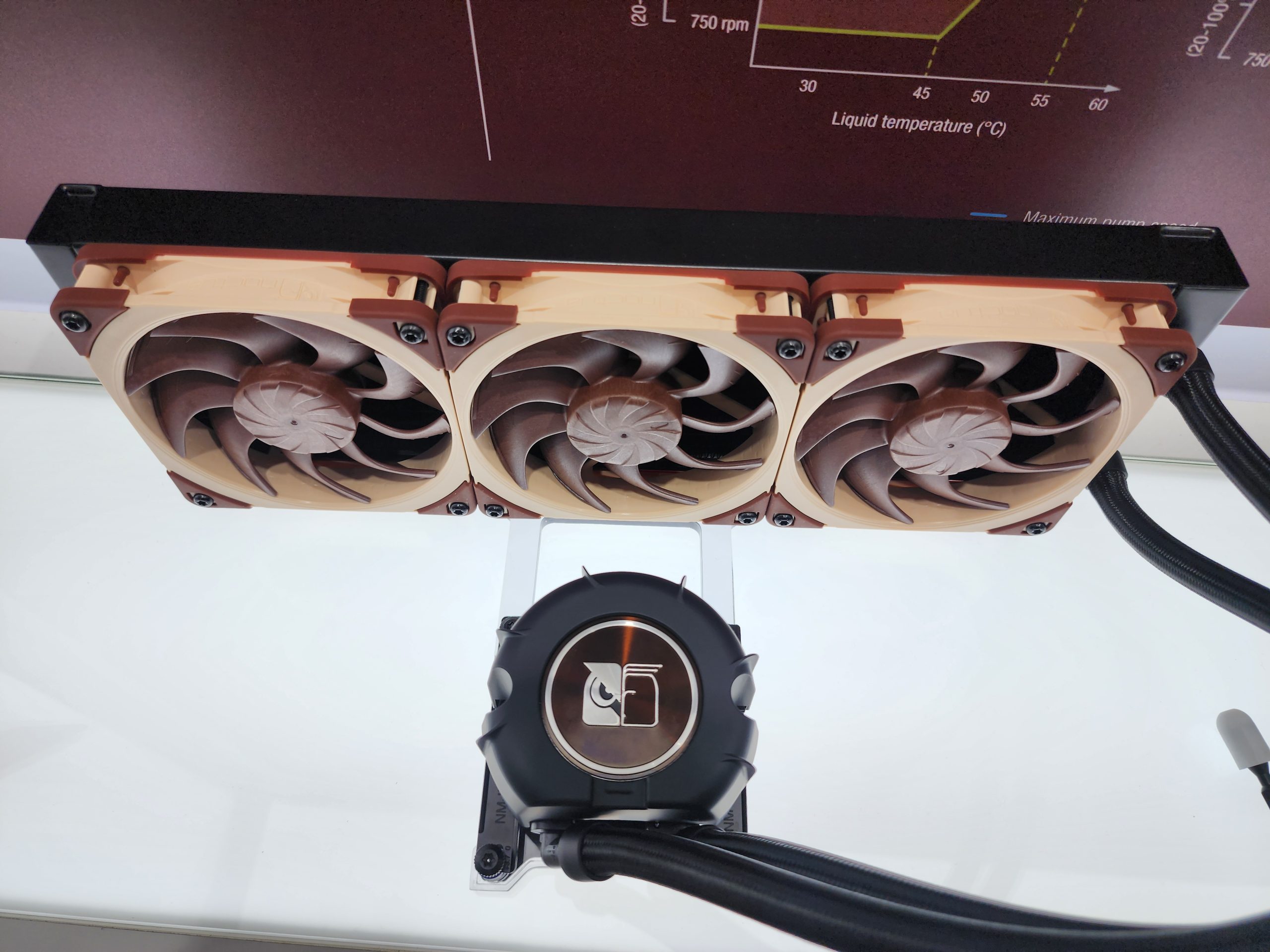 A cooling setup featuring three Noctua fans and a pump with a logo displayed under a chart showing 'Liquid temperature (°C)'.