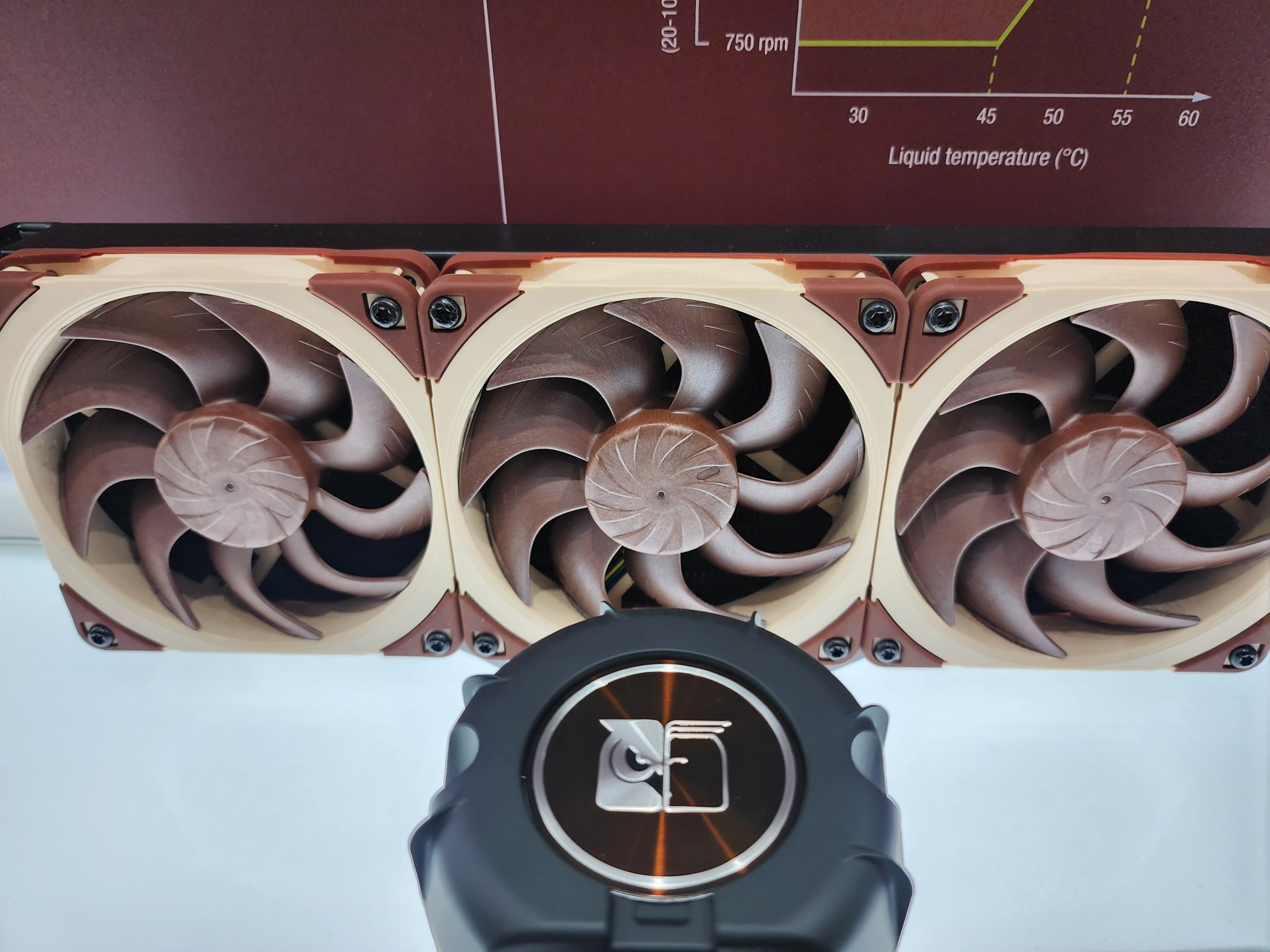 Three Noctua cooling fans are mounted side by side with a chart in the background indicating performance at different liquid temperatures and RPMs.