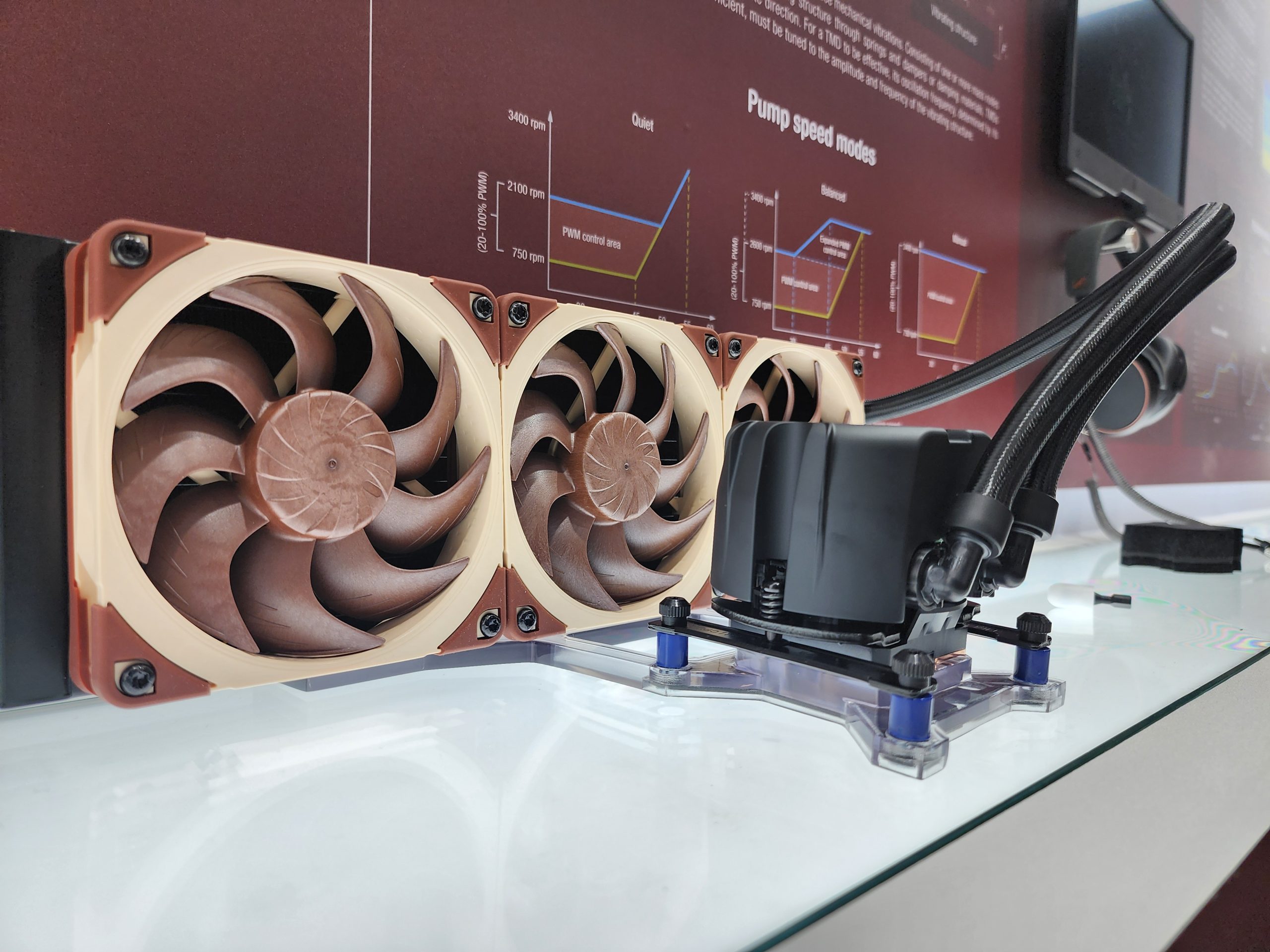 A Noctua dual-fan cooling system with attached pump is displayed in front of a wall showing graphs labeled 'Pump speed modes.'