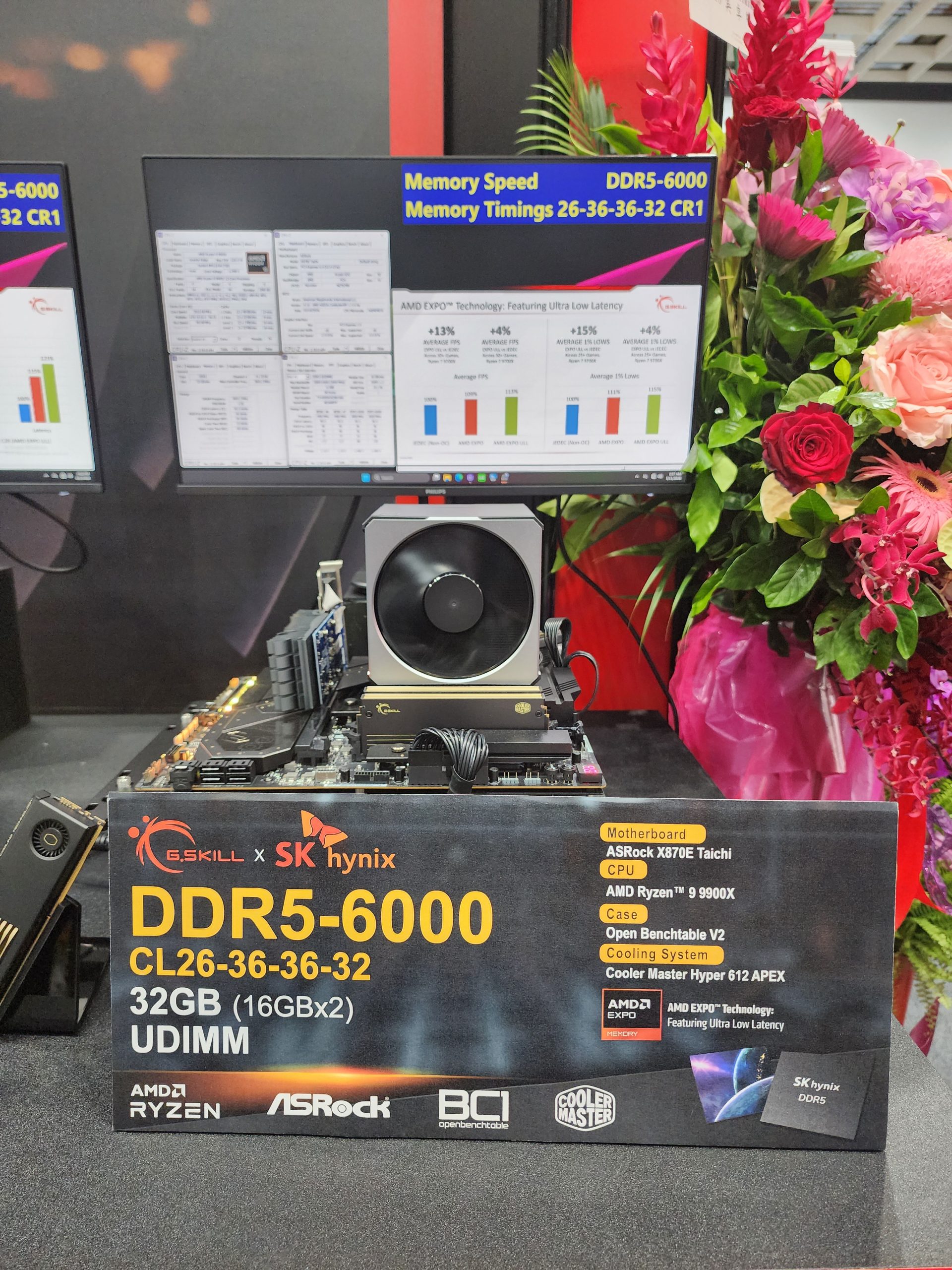 A display shows G.Skill x SK hynix DDR5-6000 RAM specifications with 'CL26-36-36-32' timings, alongside a setup featuring an ASRock X670E Taichi motherboard, AMD Ryzen 9 5900X CPU, and Cooler Master Hyper 612 APEX cooling system.