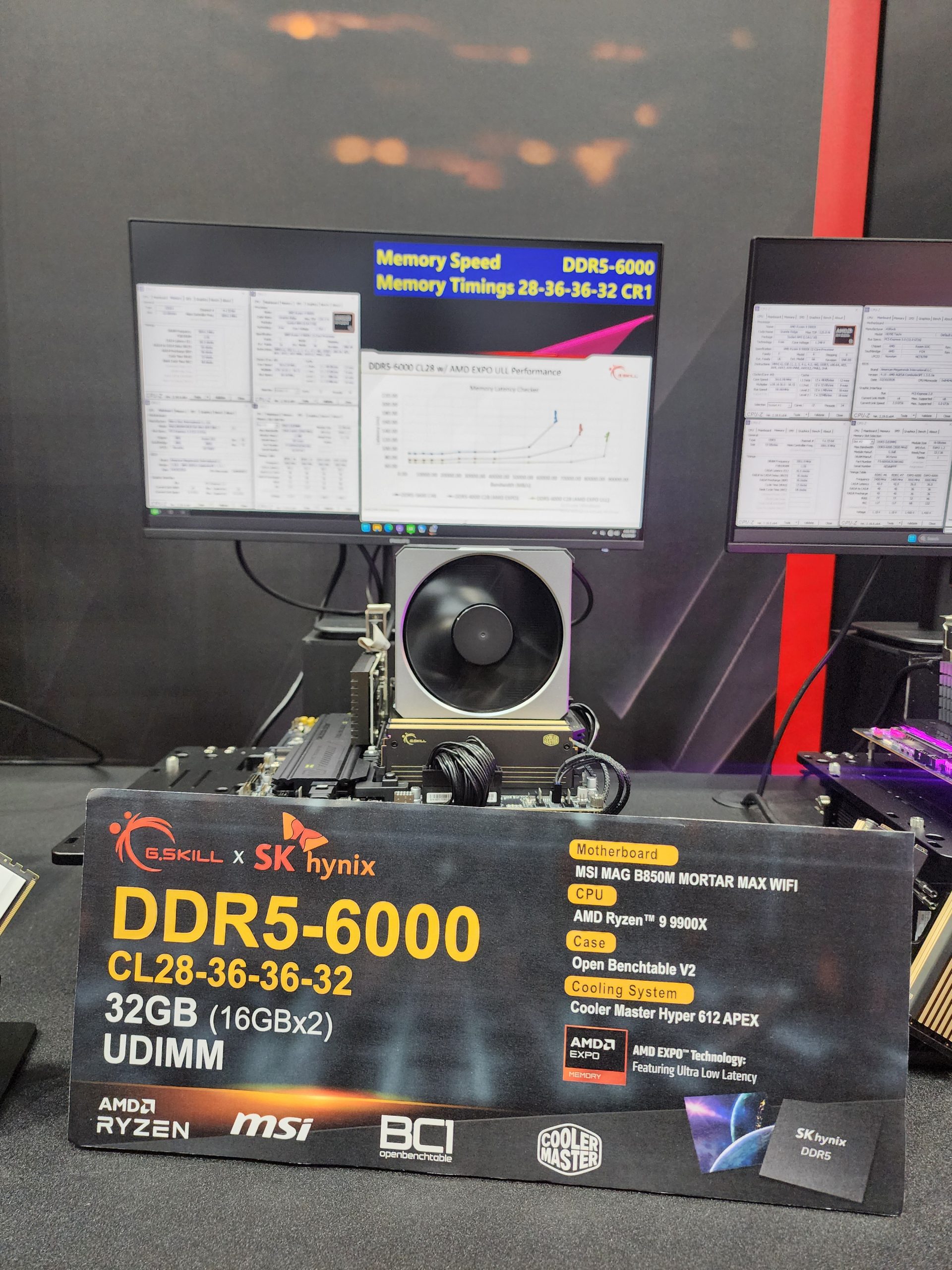 A G.SKILL x SK hynix DDR5-6000 memory module display with a large sign showing 'DDR5-6000 CL28-36-36-32 32GB (16GBx2) UDIMM' and a list of specifications including MSI MAG B850M MORTAR MAX WIFI motherboard and AMD Ryzen 9 9900X CPU.