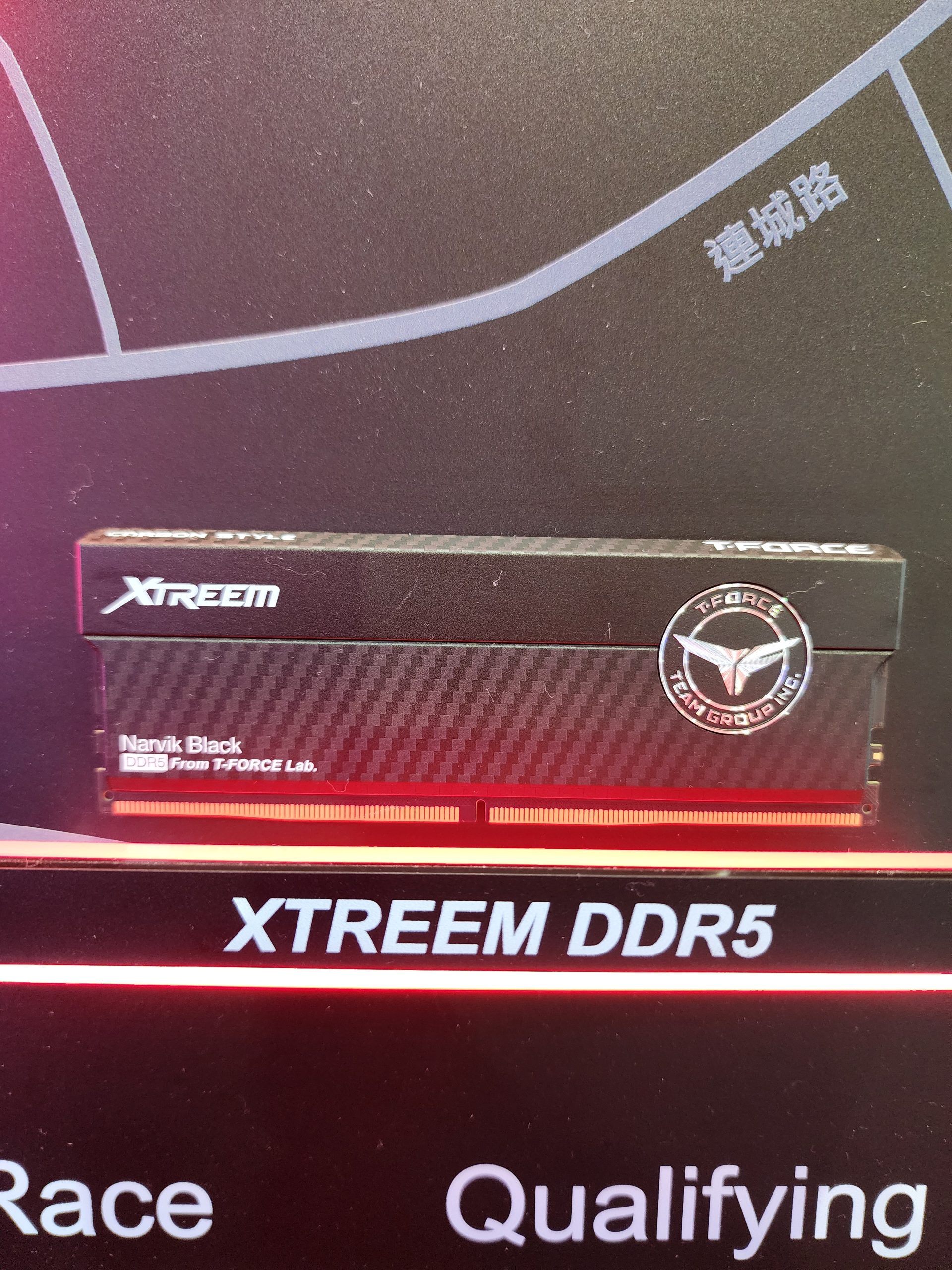 The image shows a T-Force XTREEM DDR5 Narvik Black RAM module displayed with 'XTREEM DDR5' text in the foreground.