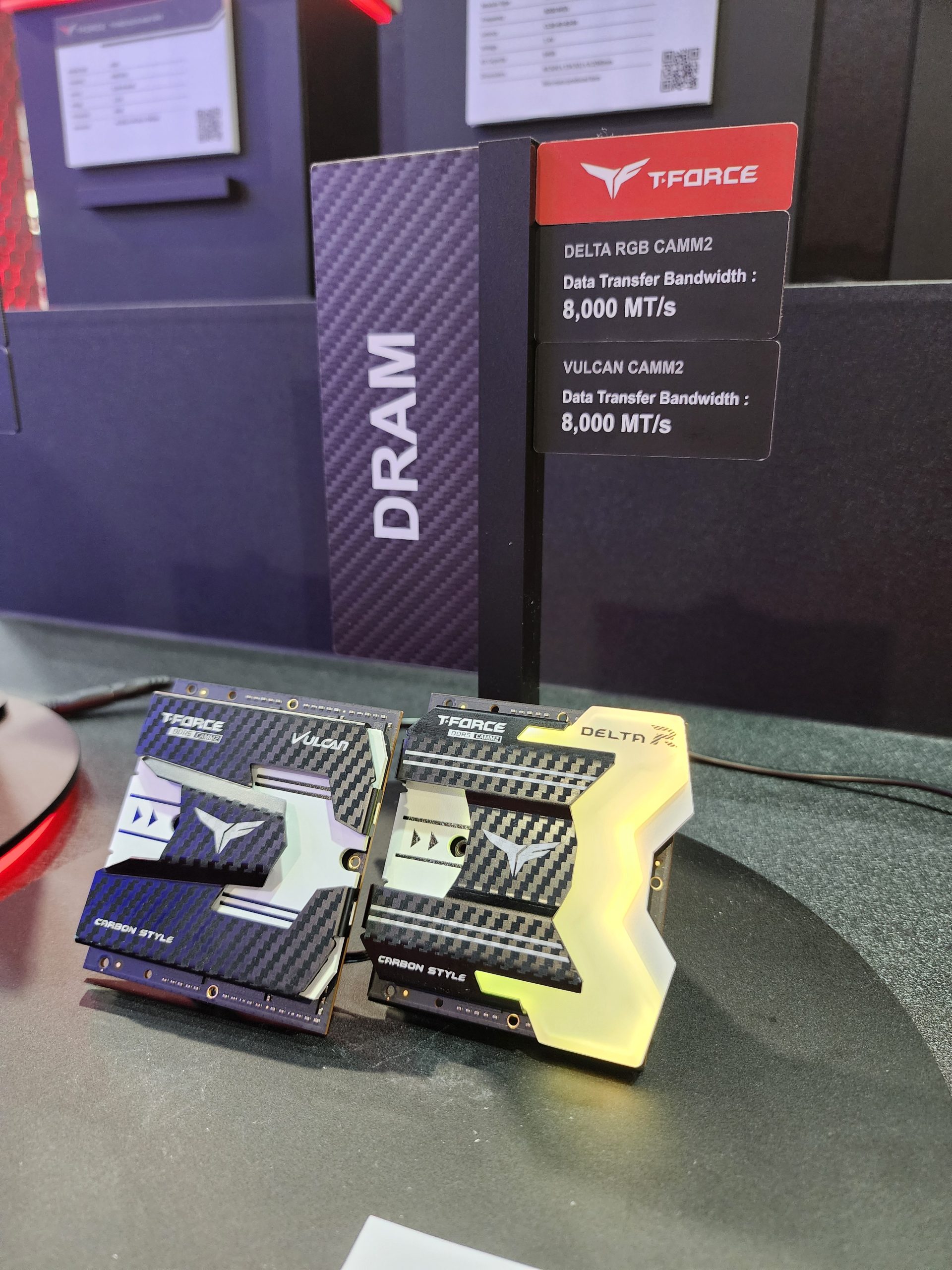 Two T-Force DRAM modules, the Vulcan CAMM2 and Delta RGB CAMM2, both featuring 'Carbon Style' designs and displayed with a data transfer bandwidth of '8,000 MT/s'.