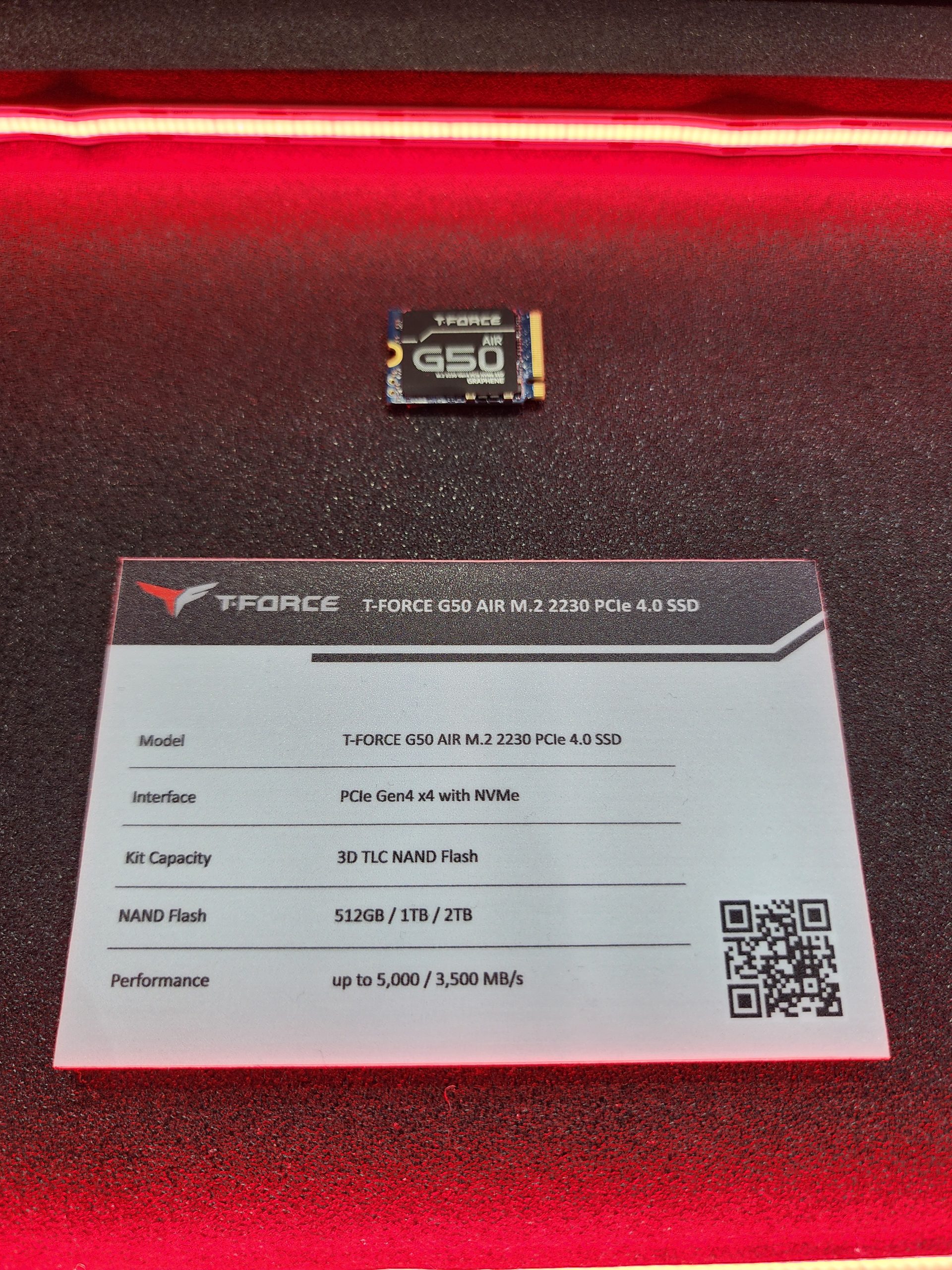 The T-FORCE G50 AIR M.2 2230 PCIe 4.0 SSD is displayed with a spec sheet detailing its interface as PCIe Gen4 x4 with NVMe, capacities of 512GB/1TB/2TB, and performance speeds up to 5,000/3,500 MB/s.
