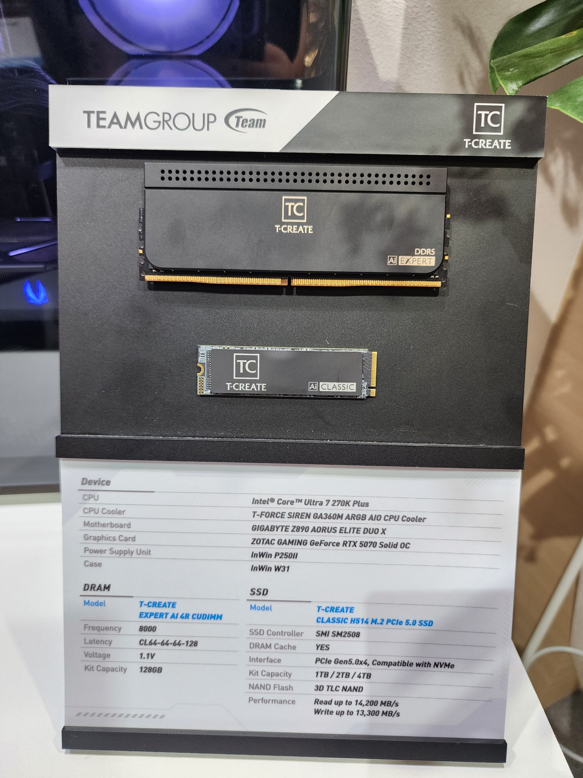 A display of TeamGroup T-Create Expert DDR5 RAM and Classic PCIe 5.0 SSD above a specification sheet featuring an Intel Core Ultra 7 270K Plus CPU and ZOTAC GAMING GeForce RTX 5070 Solid OC GPU.