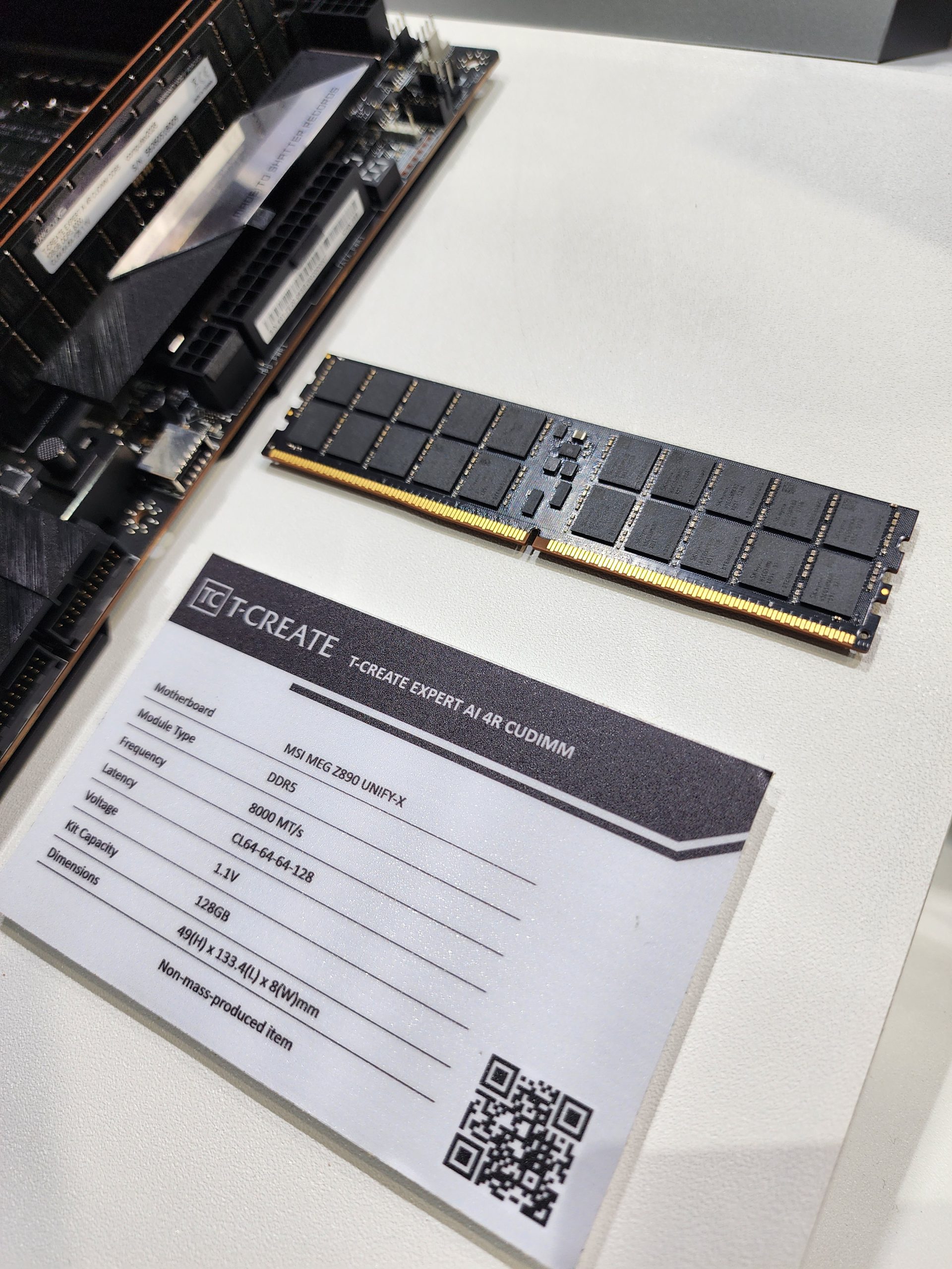 A T-CREATE Expert AI 4R CUDIMM module and specification card showing the model type as MSI MEG Z690 UNIFY-X, DDR5, 8000 MT/s frequency, CL64 latency, 1.1V, and 128GB capacity.