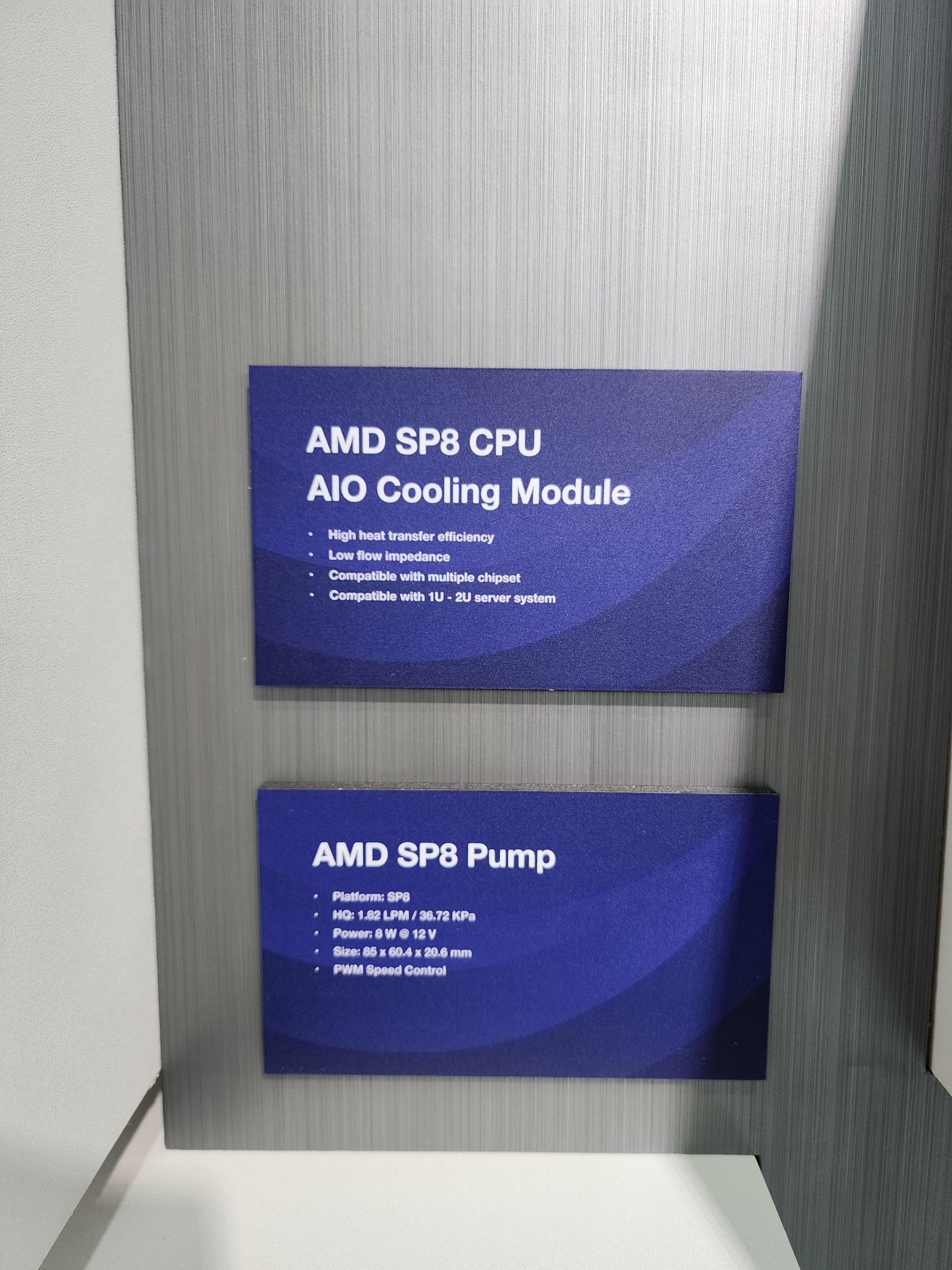 Two blue cards display 'AMD SP8 CPU AIO Cooling Module' and 'AMD SP8 Pump' specifications, including flow rate, power, size, and compatibility details.