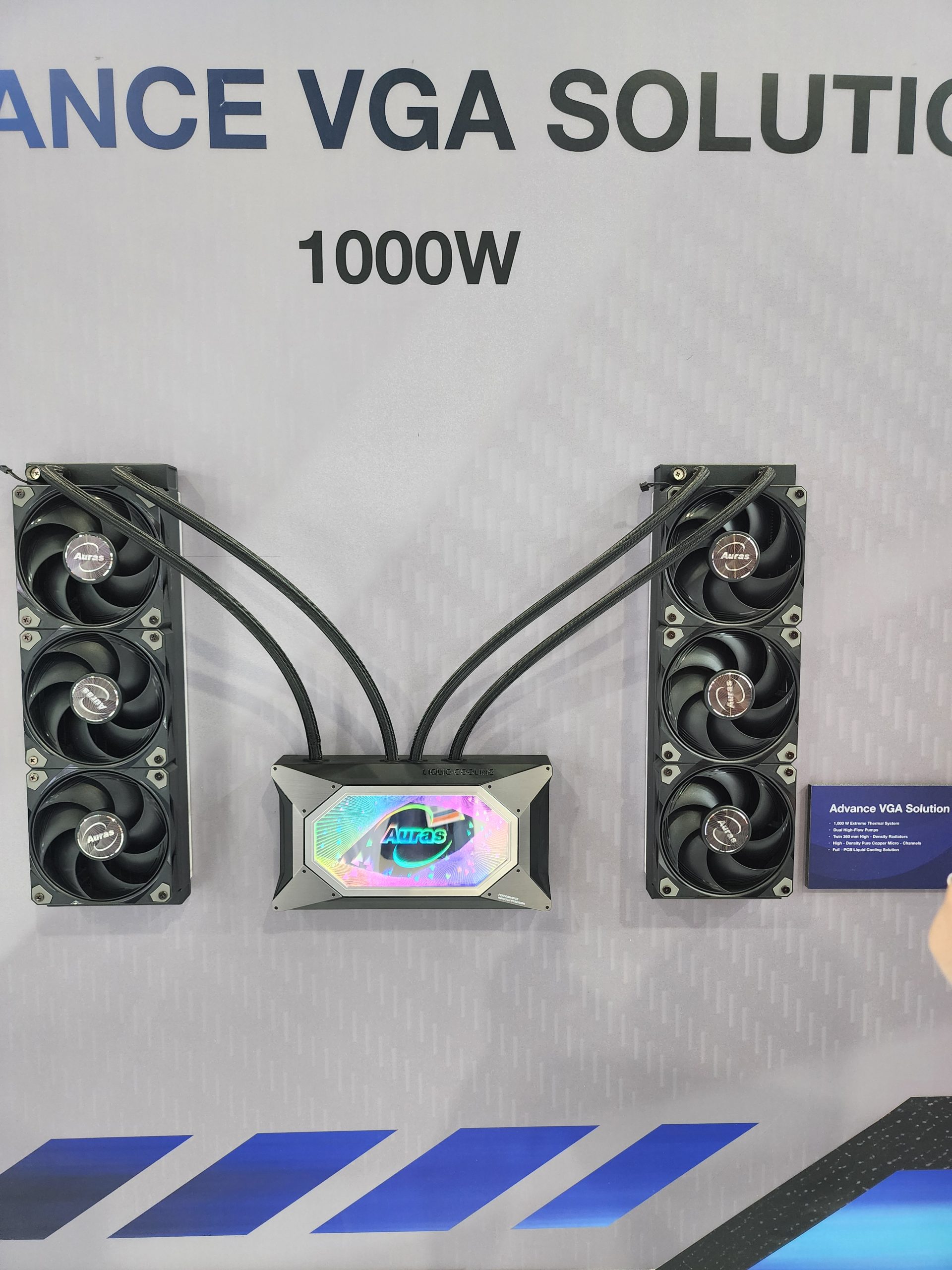 A display of an Auras Advance VGA Solution 1000W cooling system with six fans and a central control unit.