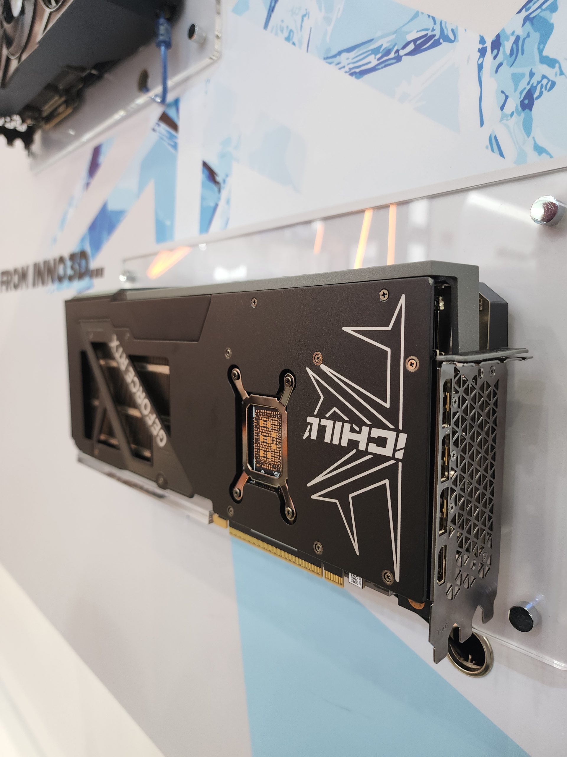 The Inno3D GeForce graphics card with 'iCHILL' branding displayed on a wall mount.