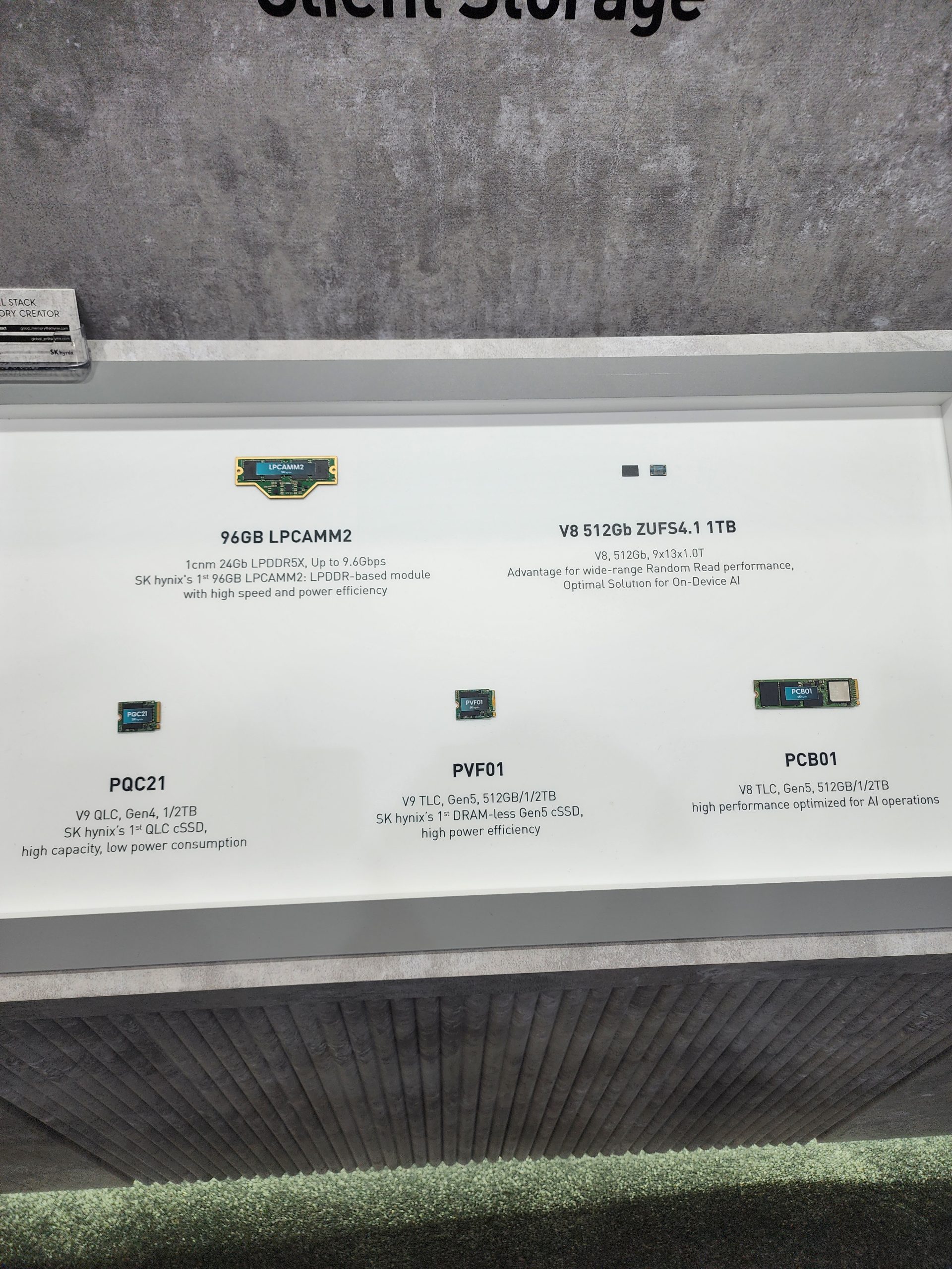 A display showcases SK hynix storage modules and SSDs, including '96GB LPCAMM2,' 'V8 512Gb ZUFS4.1 1TB,' 'PQC21,' 'PVF01,' and 'PCB01,' highlighting features like high speed, low power consumption, and optimization for AI.