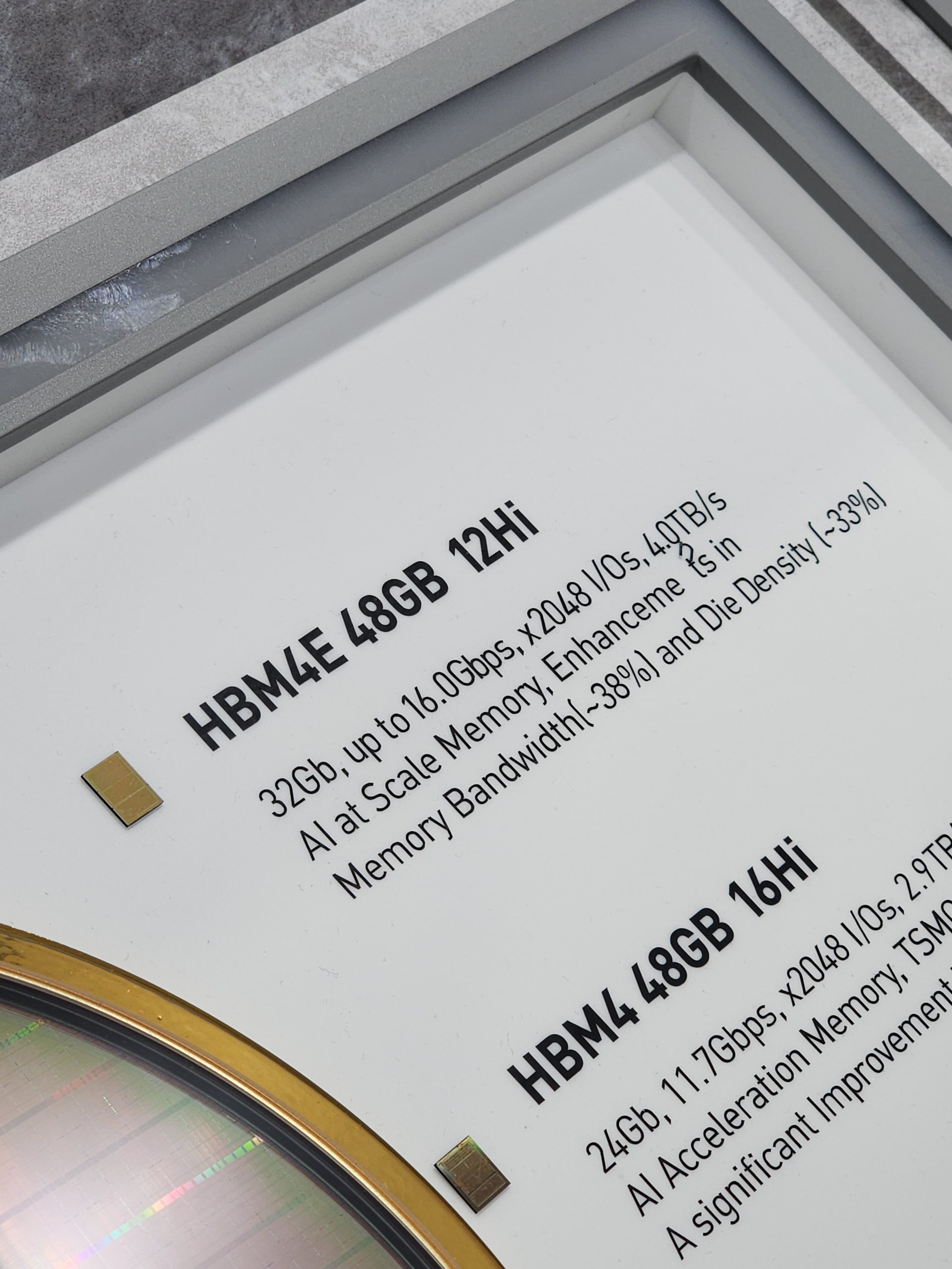 A close-up image shows a presentation slide detailing 'HBM4E 48GB 12Hi' with specifications of 32Gb, up to 16.0Gbps and 4.0TB/s, highlighting memory enhancements and bandwidth, next to 'HBM4 48GB 16Hi' specifications.