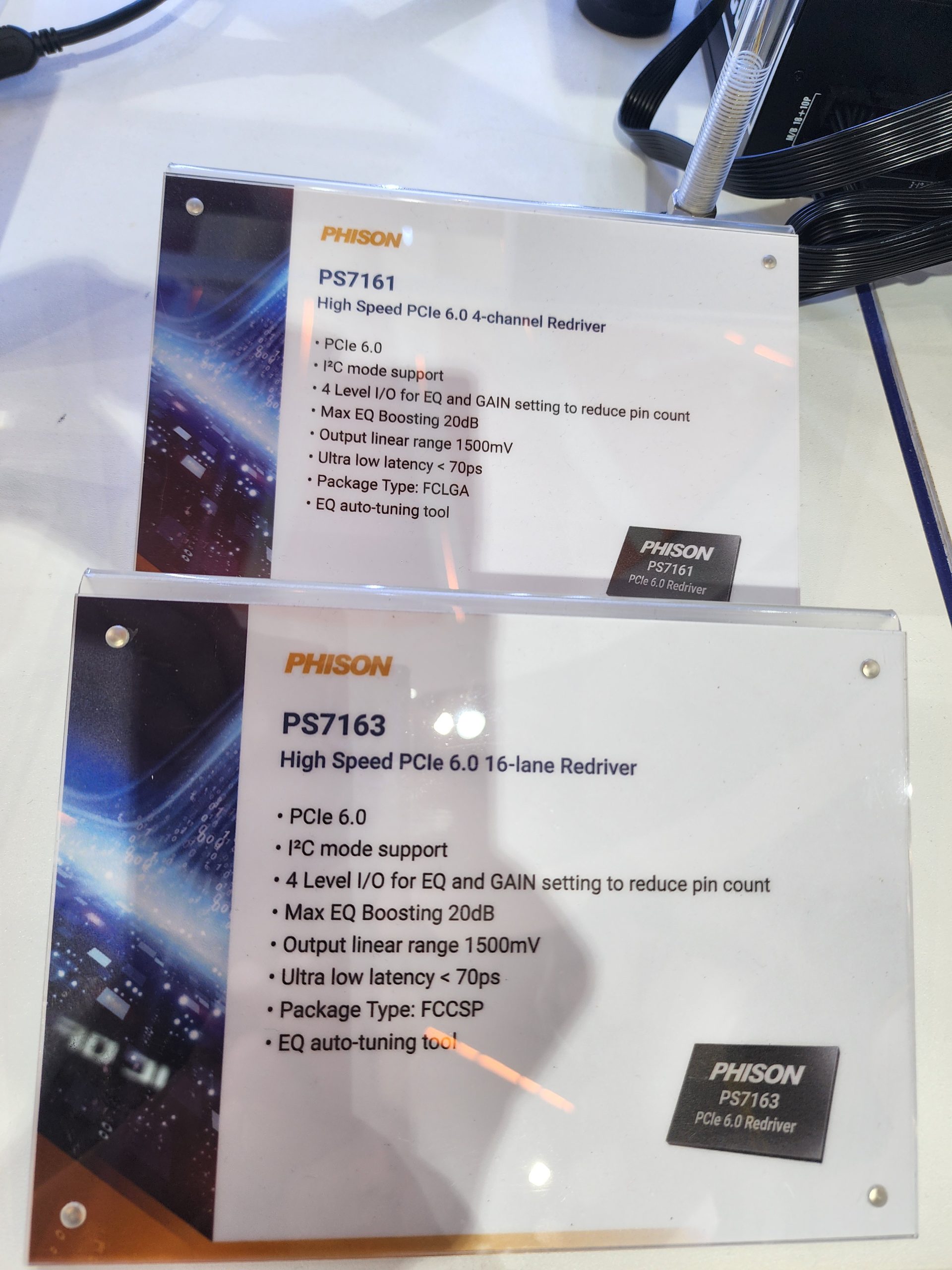 Two informational cards display the Phison PS7161 and PS7163, detailing features like PCIe 6.0 support, ultra low latency under 70ps, and EQ auto-tuning tools.