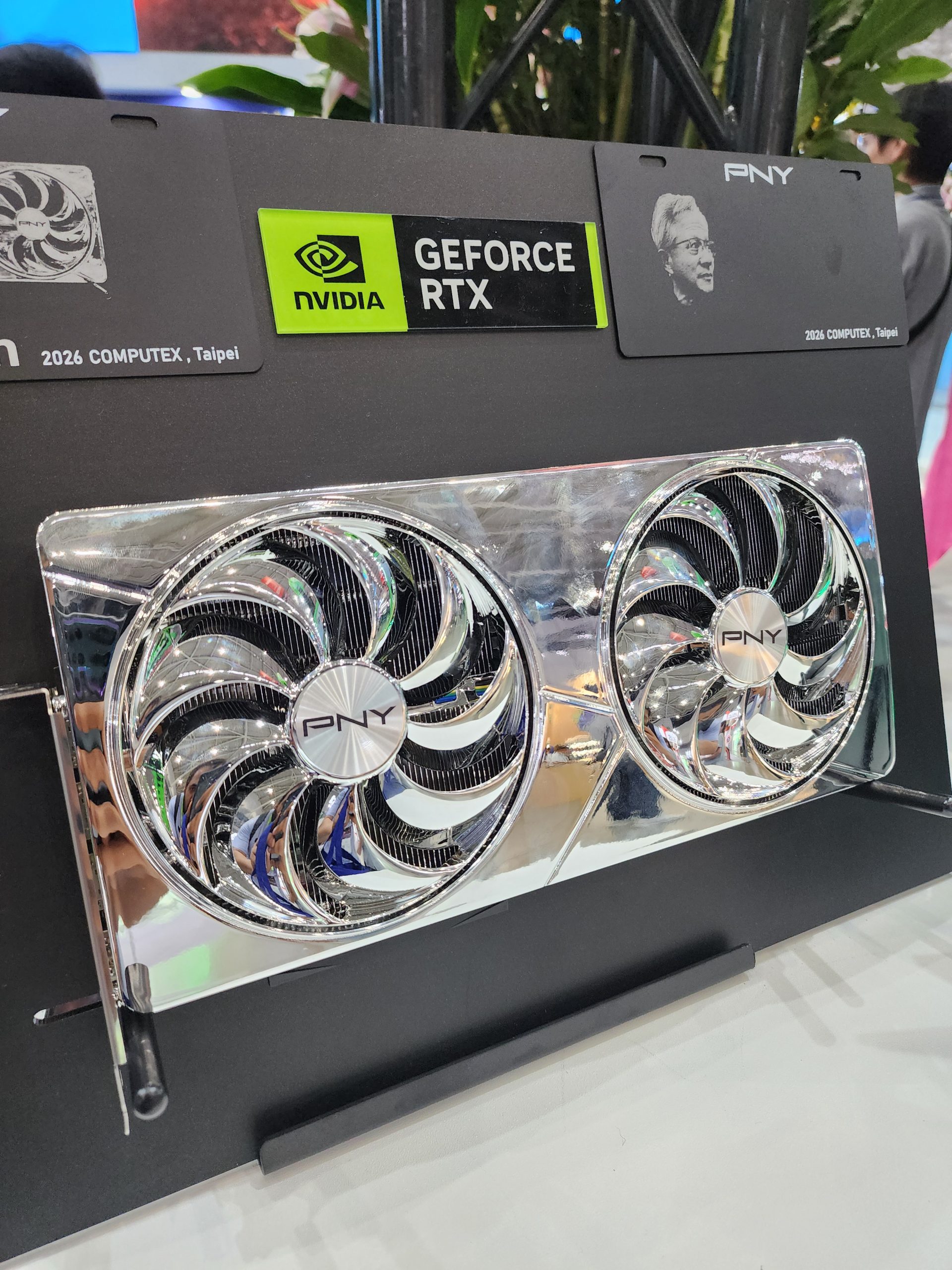 A PNY graphics card displayed at Computex 2026 with visible 'NVIDIA GeForce RTX' branding.
