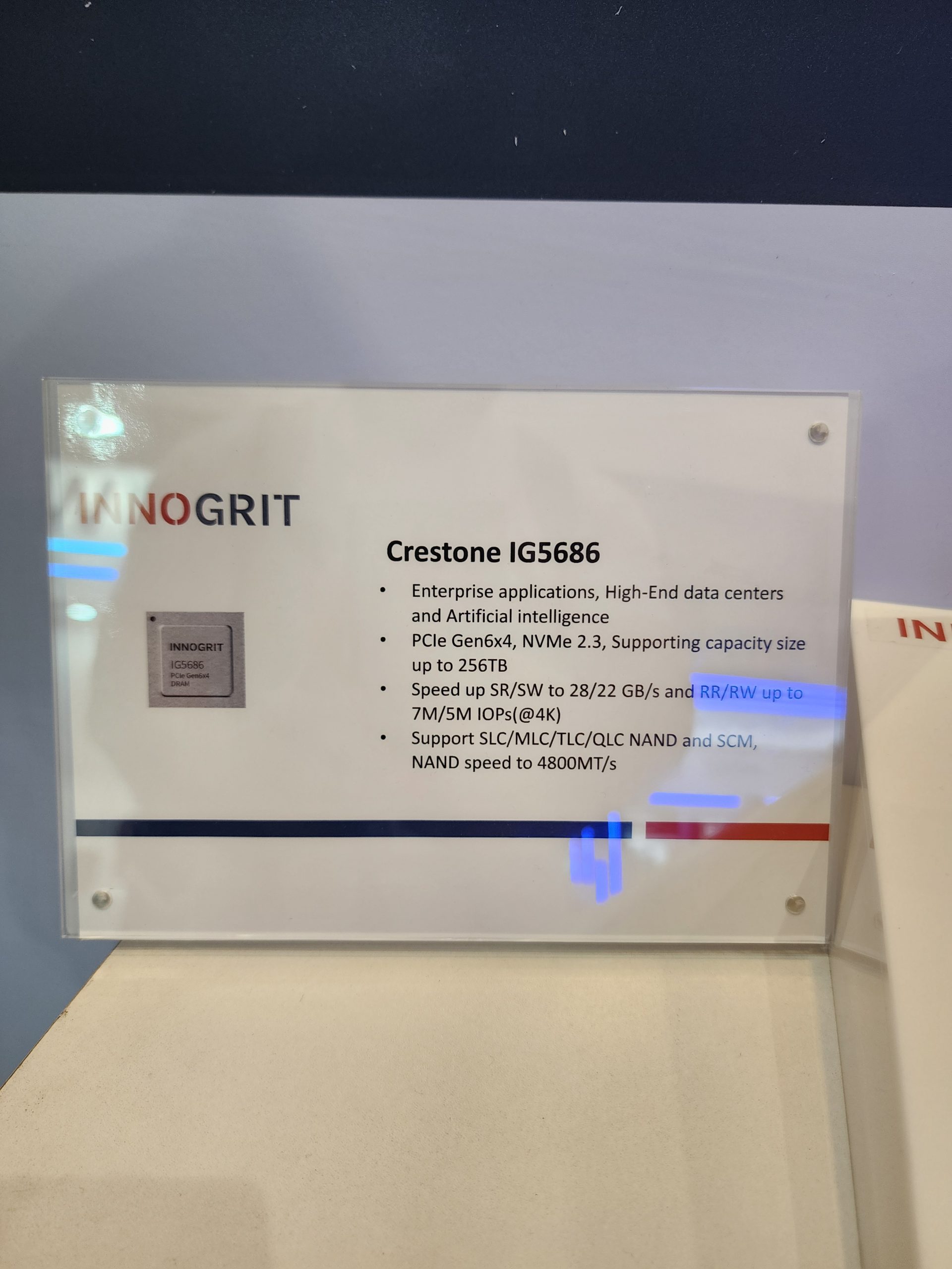 A display featuring the Innogrit Crestone IG5686 with details about its PCIe Gen6x4, NVMe 2.3 capabilities, supporting 25TB capacity and speeds of 28/22 GB/s, along with support for SLC/MLC/TLC/QLC NAND.