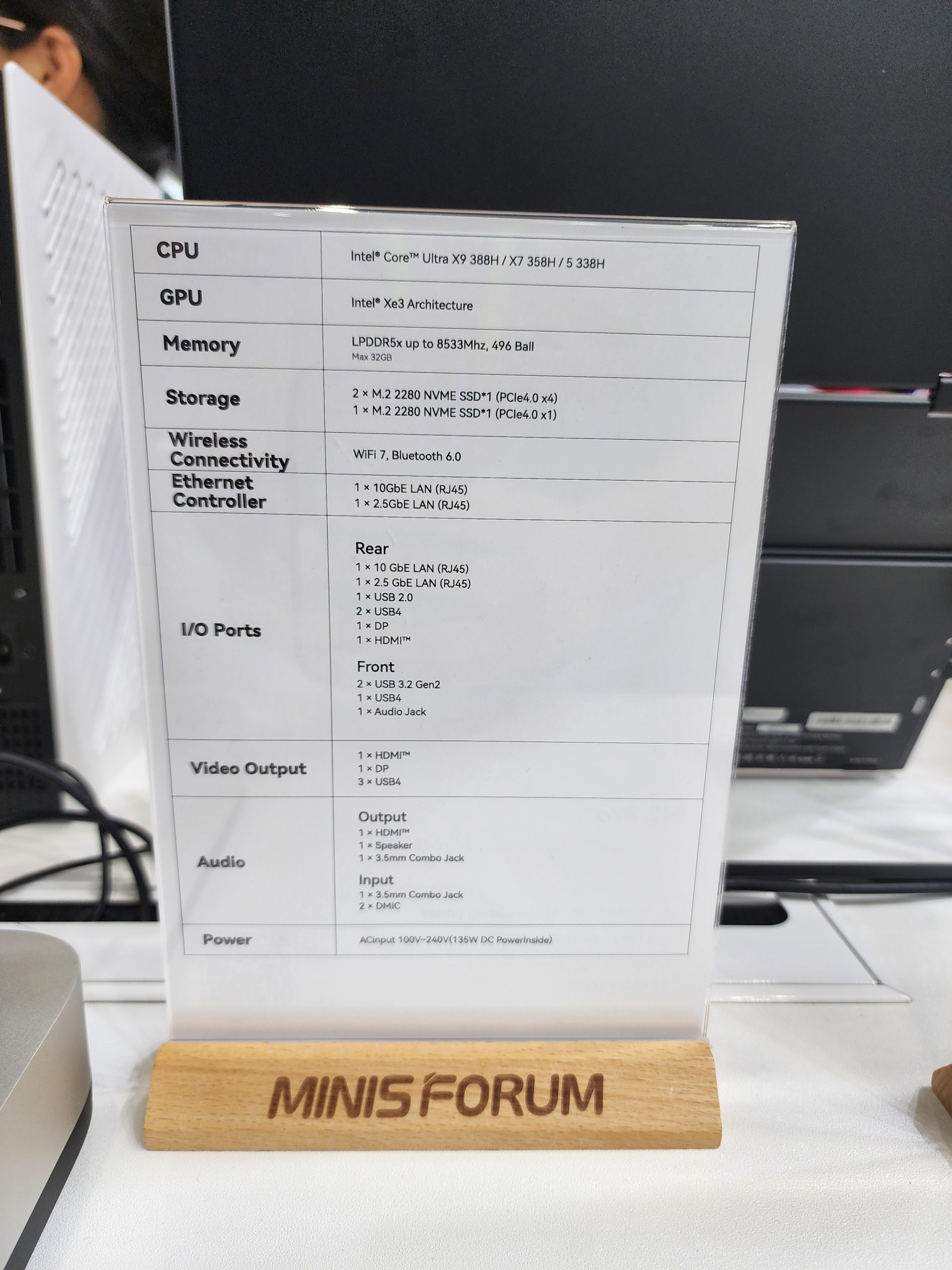 A Minisforum specification display lists an Intel Core Ultra X9 38H CPU, Intel Xe3 Architecture GPU, LPDDR5x memory, and NVMe SSD storage options.