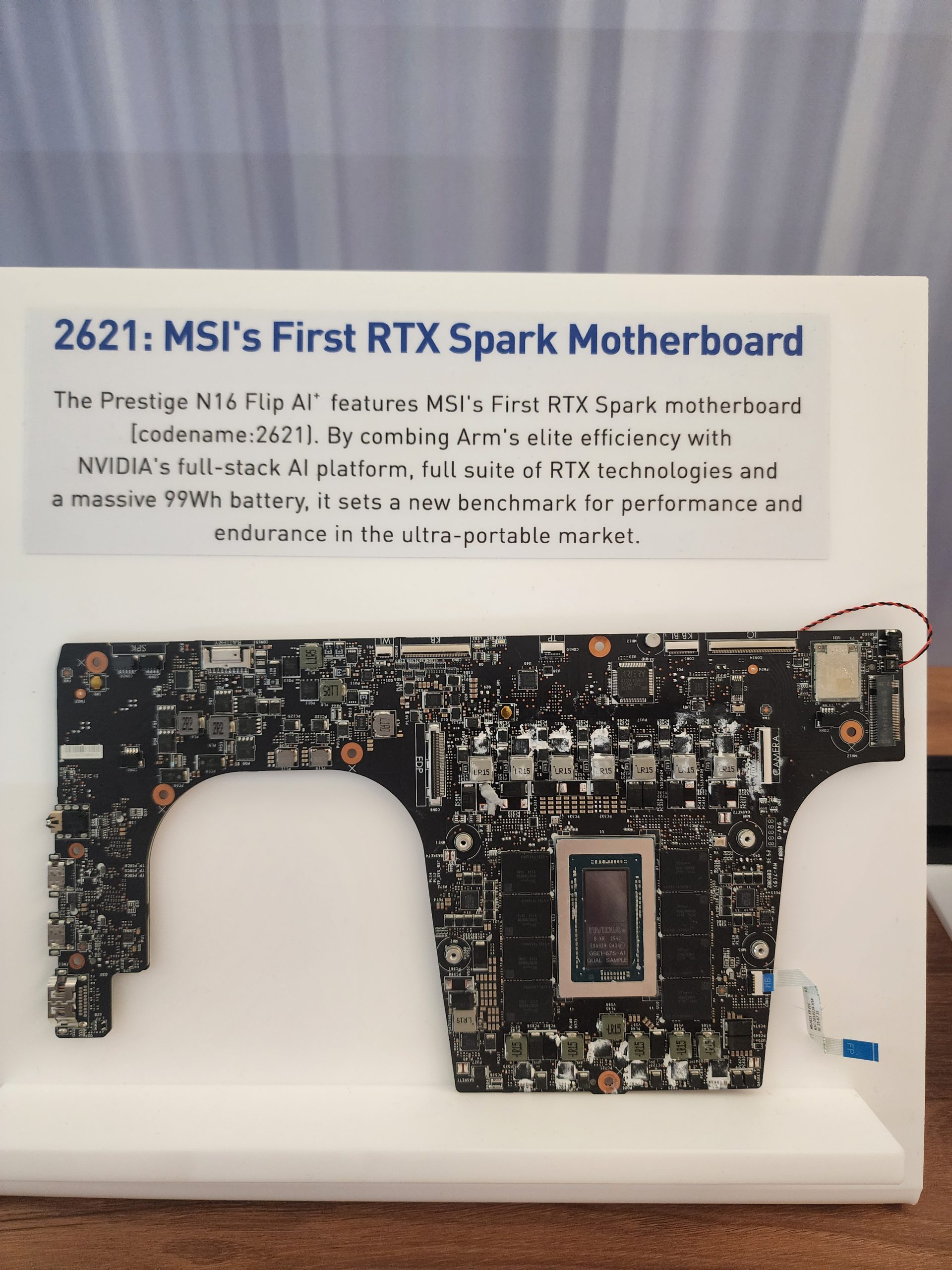 MSI's RTX Spark motherboard, codenamed '2621,' is displayed with its AI features described, highlighting NVIDIA's AI platform integration in a high-performance, ultra-portable design.