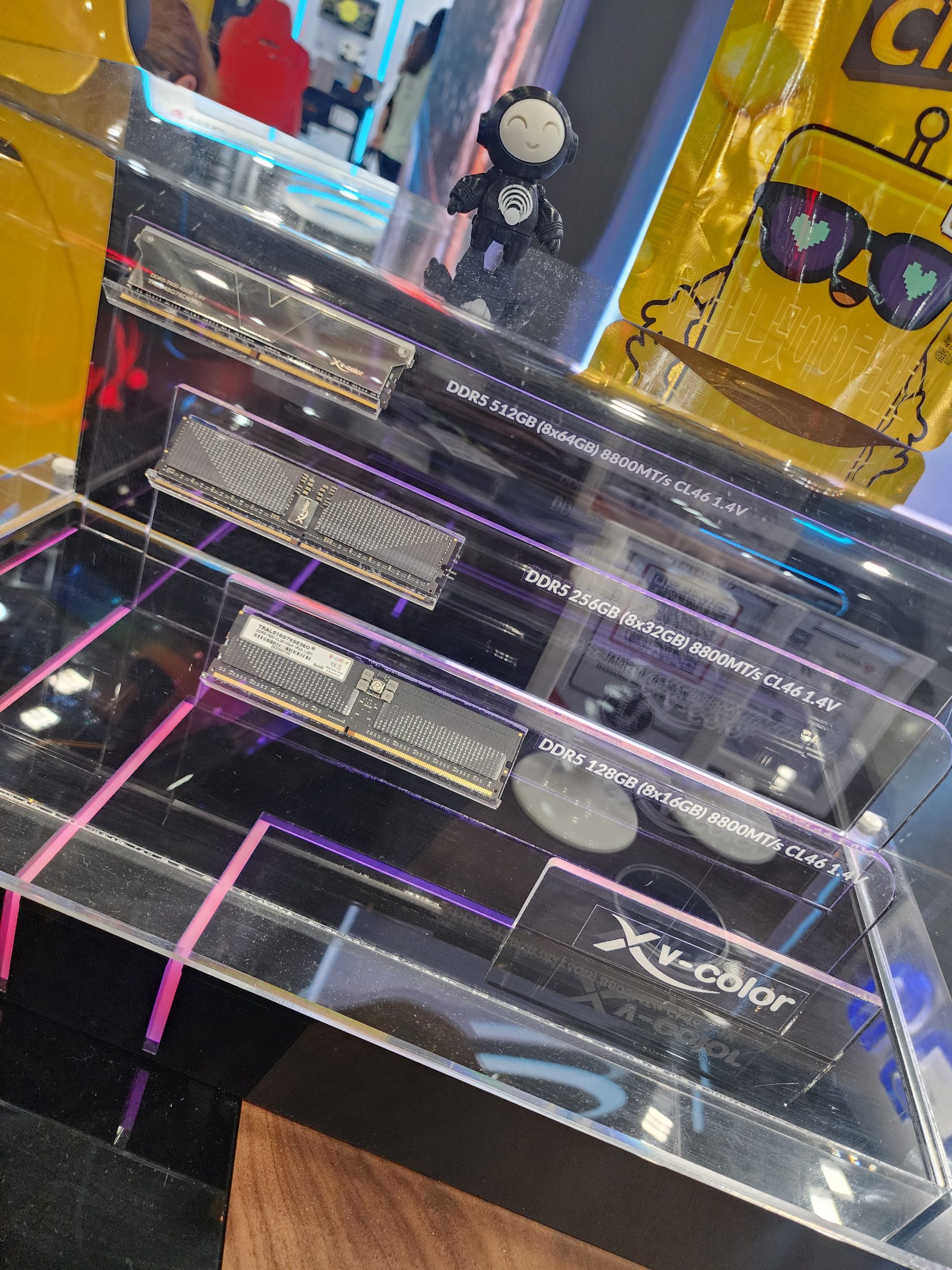 An X-Color display case showcases DDR5 RAM with visible specifications 'DDR5 512GB (8x64GB) 8800MT/s CL46 1.4V' and 'DDR5 128GB (8x16GB) 8800MT/s CL46 1.4V'.