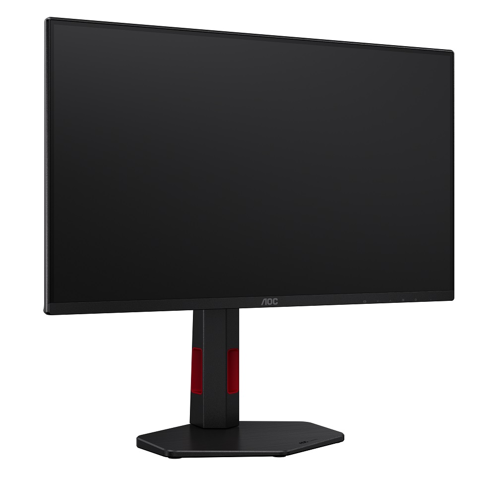 An AOC gaming monitor with a slim bezel and adjustable stand, featuring red accents on the base and stand.