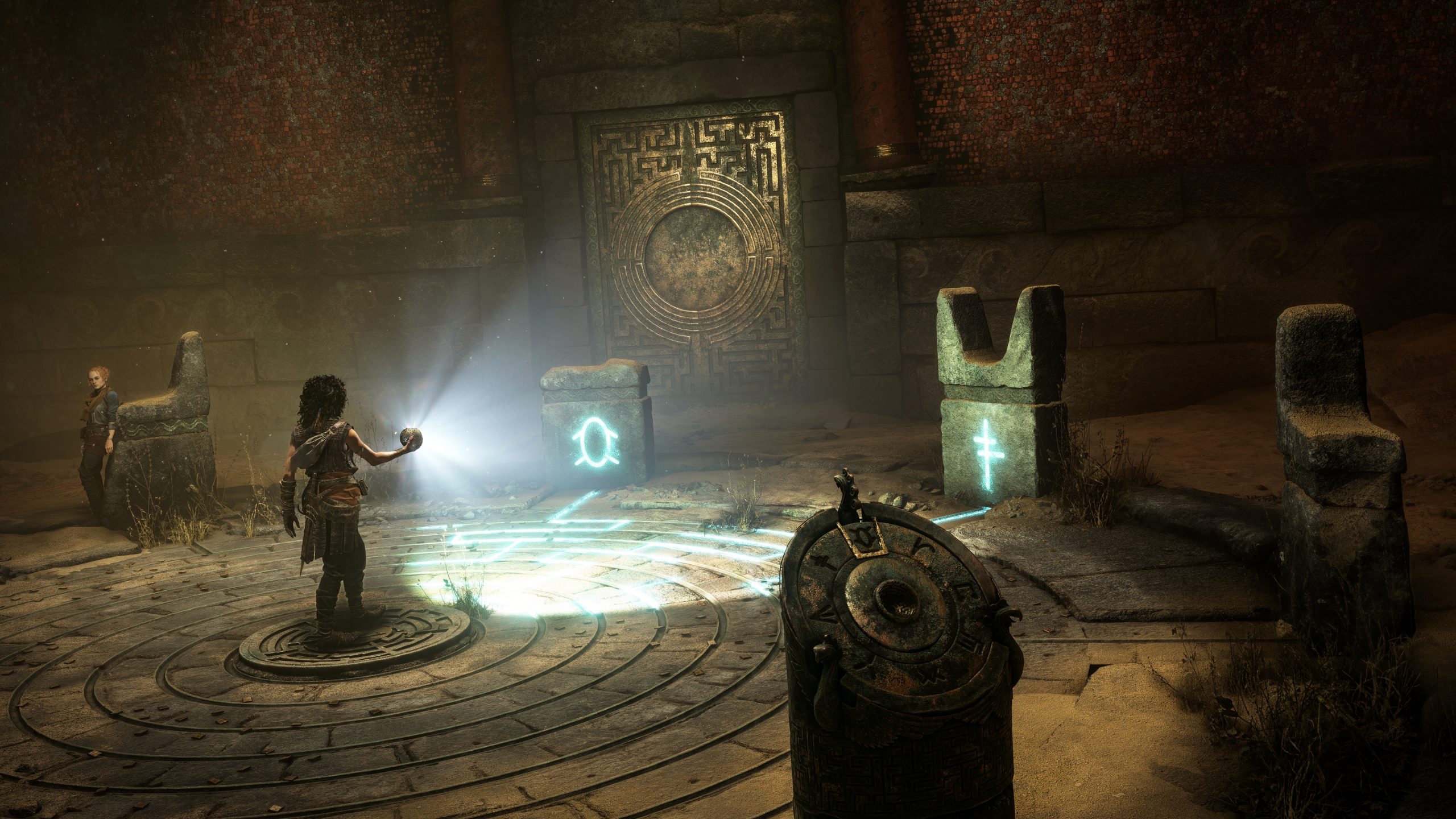 A character in 'Lords of the Fallen' stands in a mystical chamber holding a glowing artifact, surrounded by ancient stone symbols and a large engraved door.