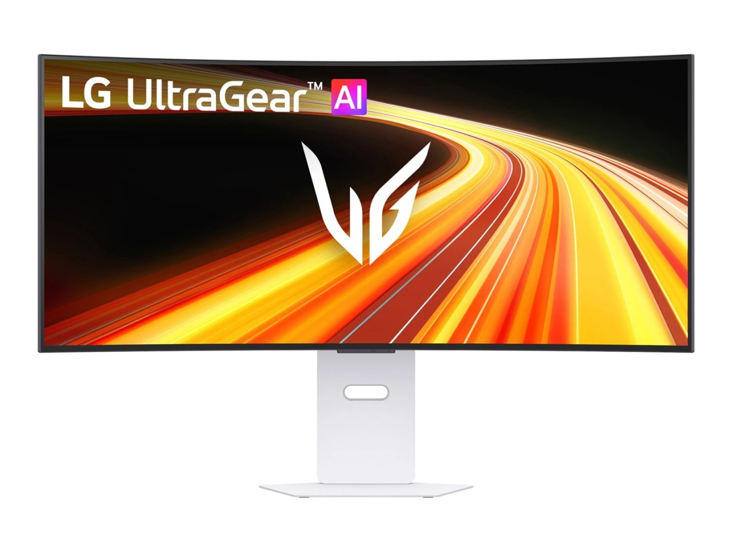 A curved LG UltraGear AI monitor displays a vibrant graphic with the UltraGear logo and the slogan 'LG UltraGear AI'.